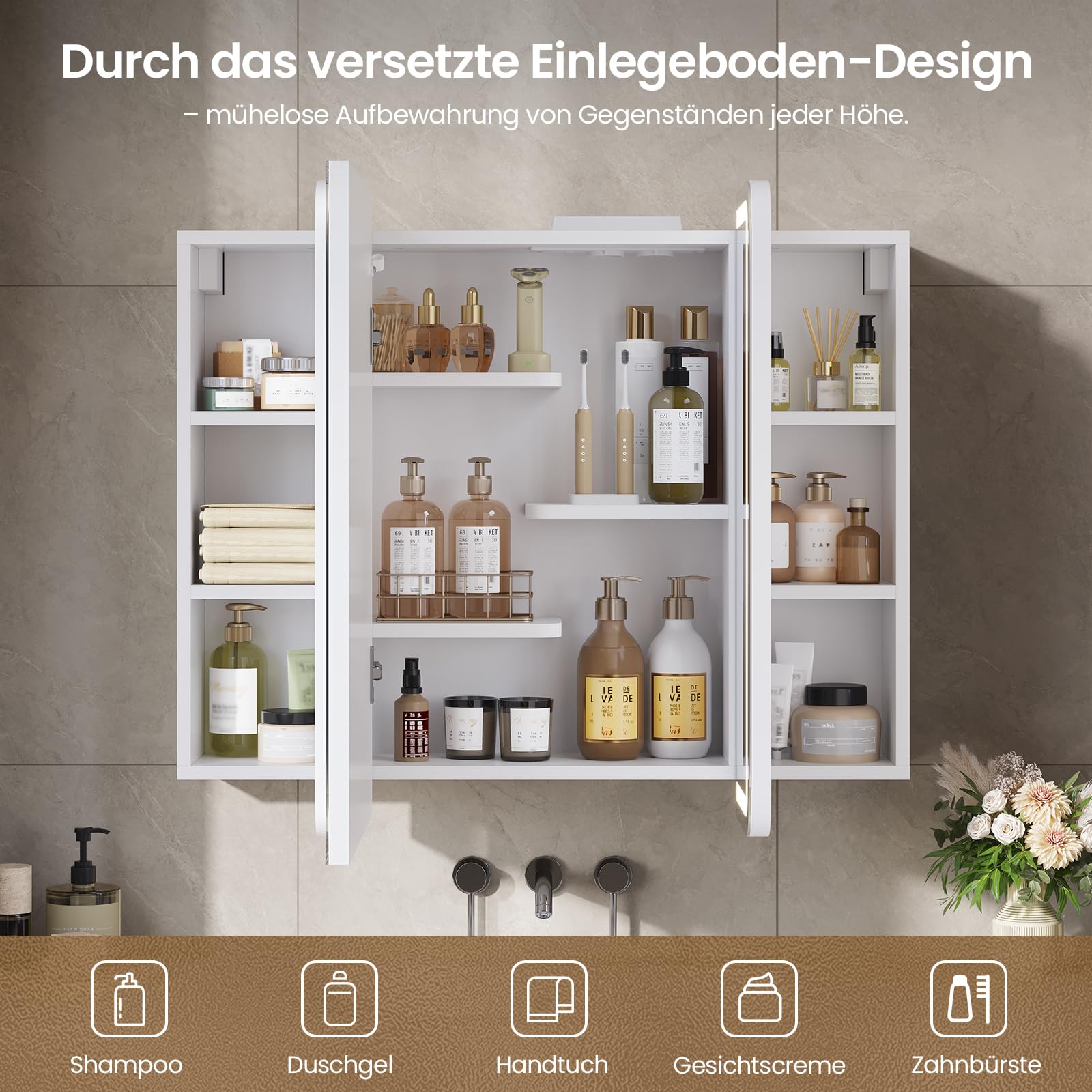 3-türiger Spiegelschrank Bad mit 360° Rundumsicht – 80 cm breit, +5 cm Überstand, LED Touch-Sensor, 3 Lichtfarben, dimmbar & integrierte Ladestation (2 USB + 2 Steckdosen)