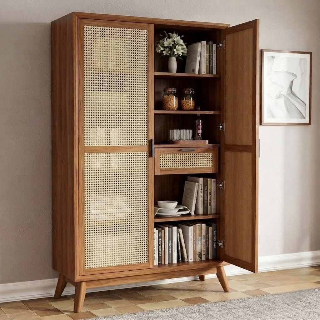 Sheesham Wood Wardrobe with Rattan Doors & Drawer | 2 Door Wooden Wardrobe Closet | Bedroom Storage Cabinet with Shelves | Clothes Almirah for Home | Modern Cane Design | Honey Finish-image-20