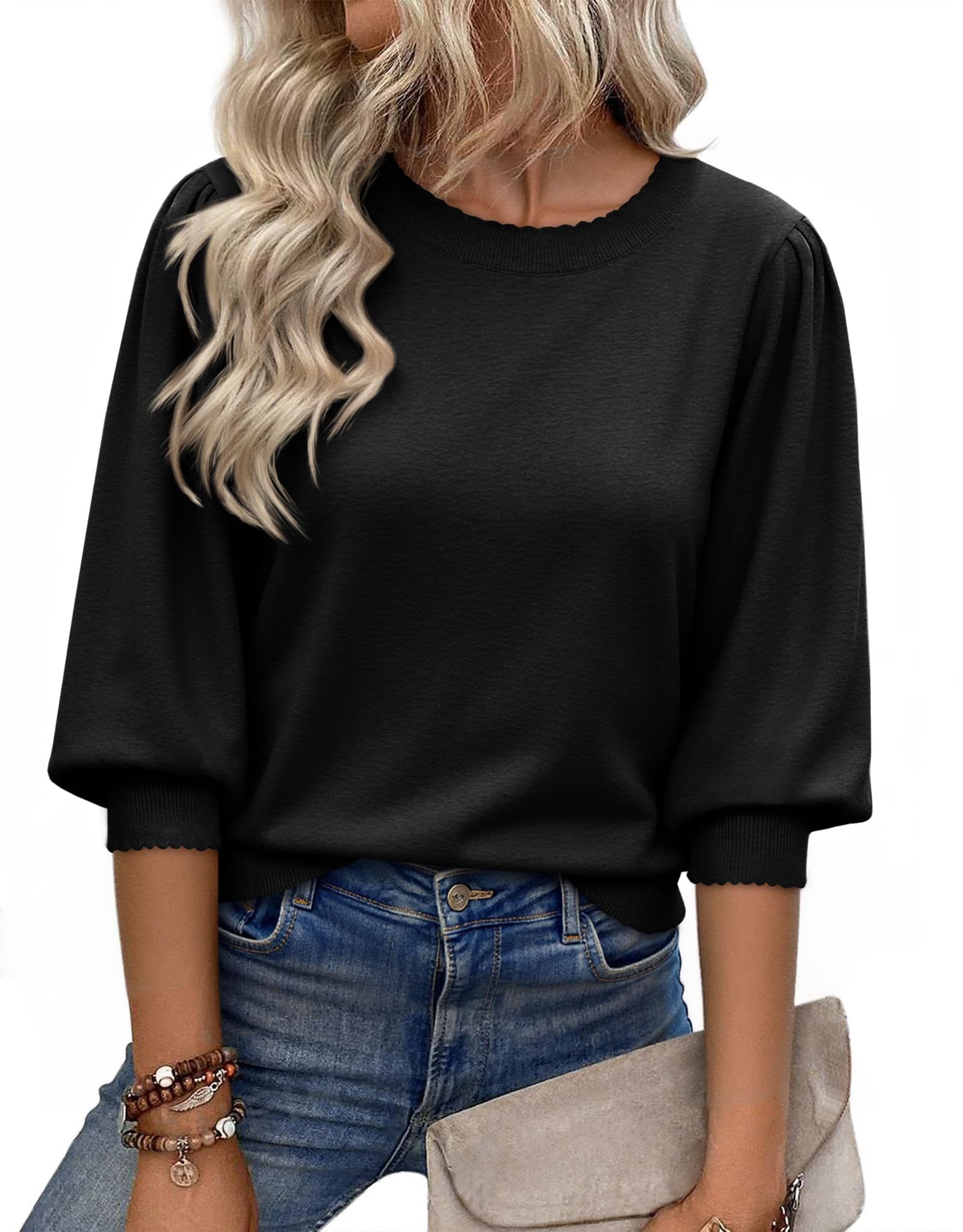 Cicy Bell Womens 3 4 Puff Sleeve Sweater Tops Fall Casual Crew Neck Lightweight Knit Pullover Loose Fit