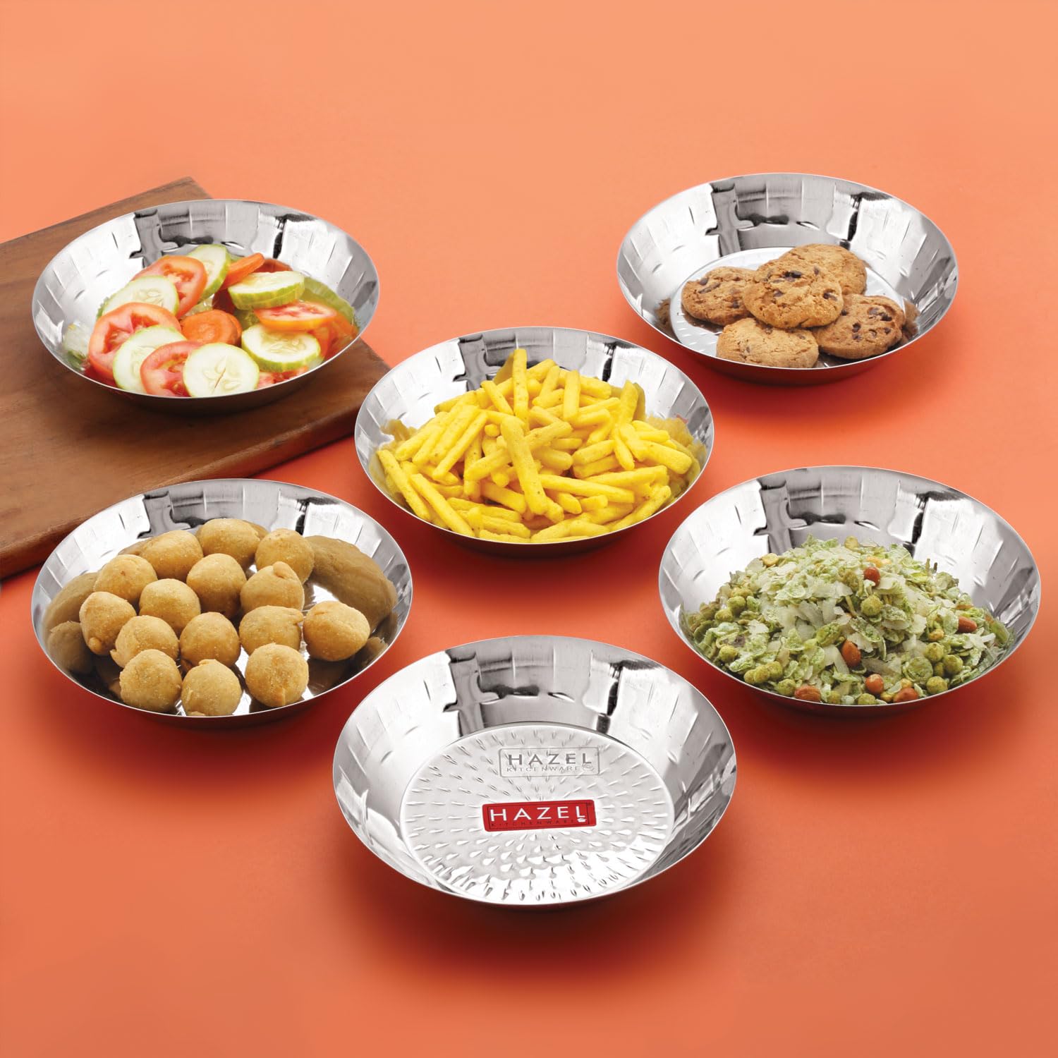 HAZEL Stainless Steel Snack Plate 18.5cm Hammered Design Set of 6 | Kopri Dish Nashta Serving Plate Breakfast Steel Thali, 650ml-image-37
