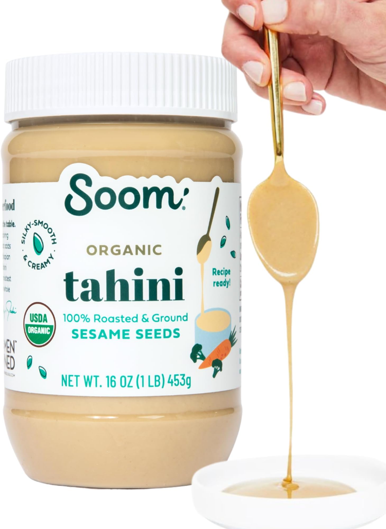 Soom Foods Organic Tahini, Creamy Sesame Paste, 16oz, 1 Pack | Silky-smooth, easy to mix organic sesame seed paste for hummus, dressings, sauces. Vegan, nut-free, kosher.