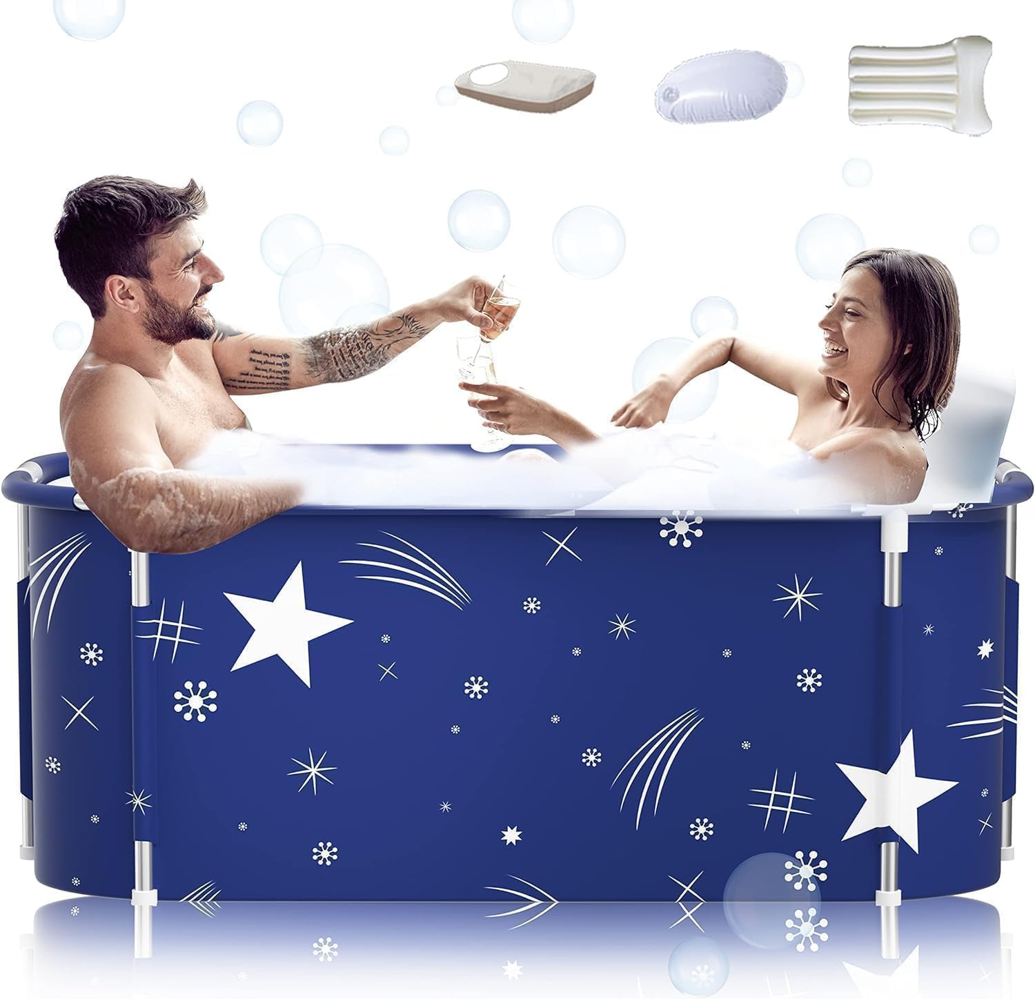 Kiseely Star Style With Metal Frame 140Cm Extra Large Portable Foldable Bathtub With Metal Frame For Adult, Family Spa Soaking Tub With Cover For Small Bathroom, Thicken Multiple Layer Bathtub With Lid (Star Style With Metal Frame)