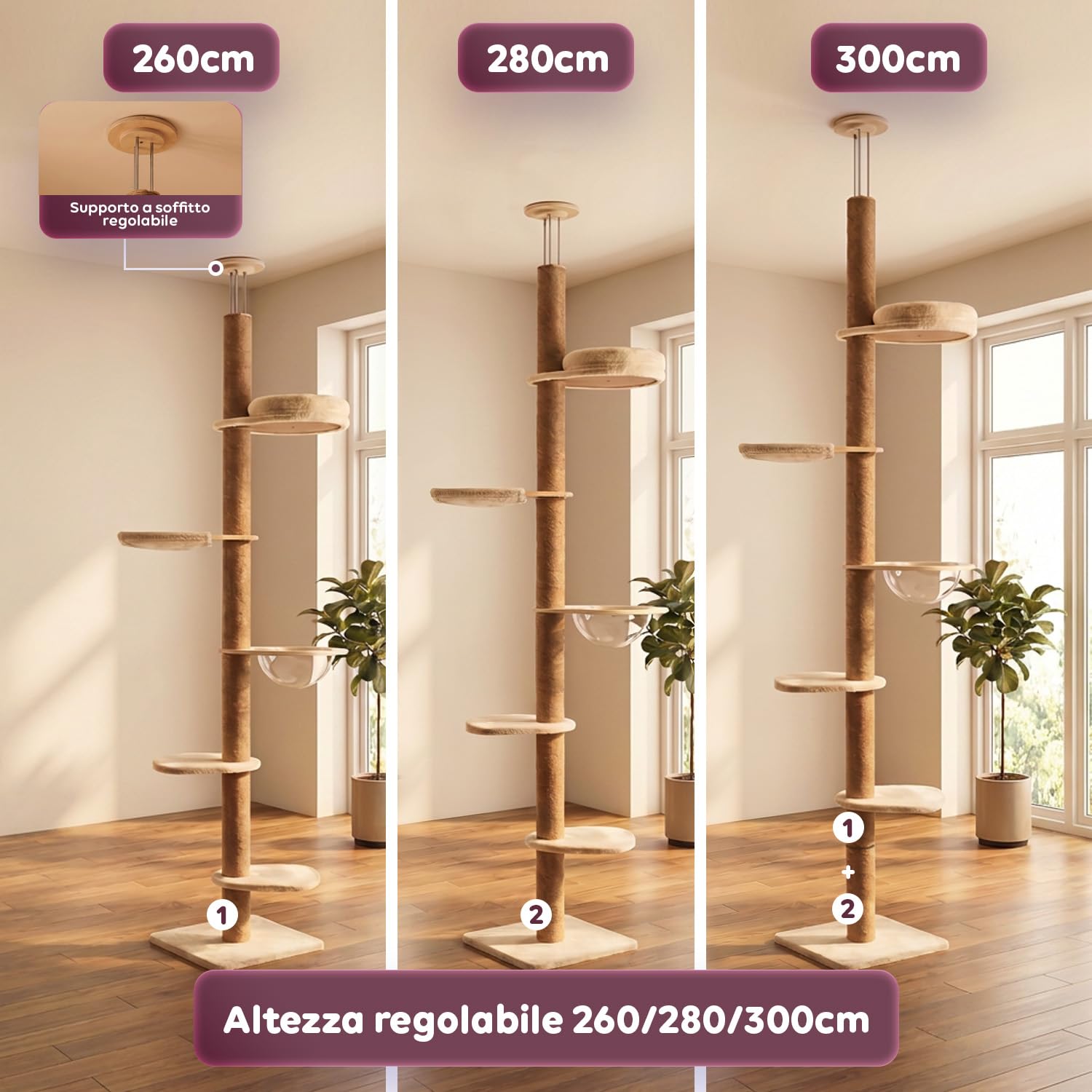 Avilia - Arbre à chat au plafond réglable 260-300 cm – Tour verticale gain de place pour chats avec hamac en dôme et niche – Arbre à chat en bois et jute naturelle – Design colonne