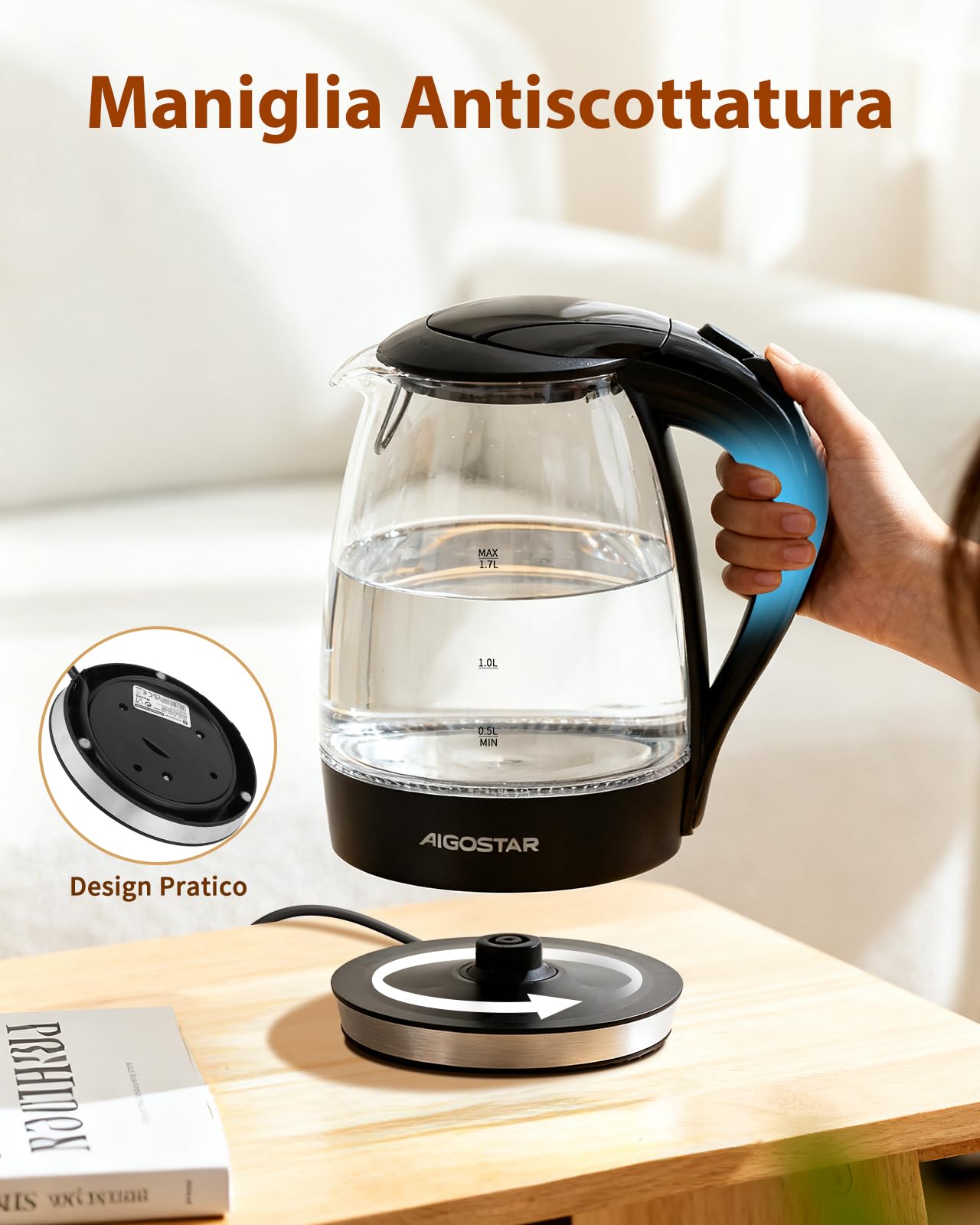 Aigostar Adam - Bollitore Acqua Elettrico in Vetro Borosilicato con LED, 1,7 litri, 2200W, Spegnimento Automatico, Filtro Anticalcare, Base di rotazione a 360° in Acciaio Inox, Teiera Senza BPA Nero