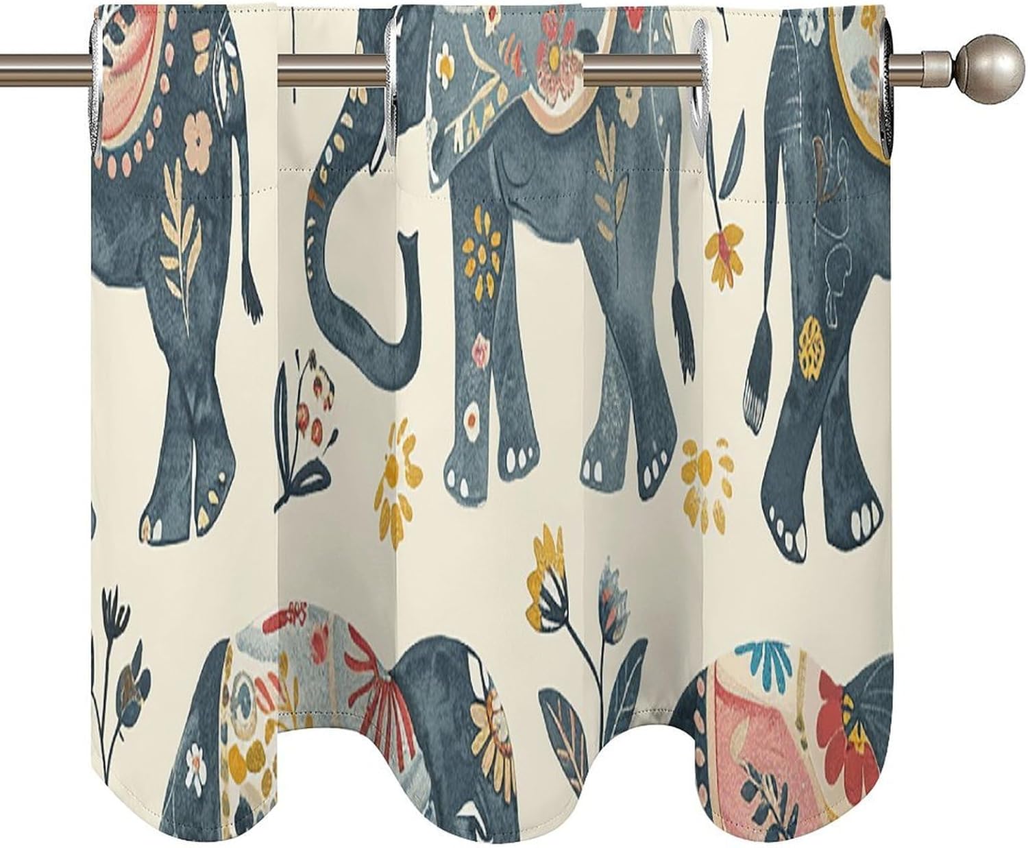 Indian Style Elephant Valance for Windows, 2 Pack Kitchen Curtains Modern Home Decor, Soft Blackout Window Curtains for Living Room & Bedroom, 18 X 52 Inch