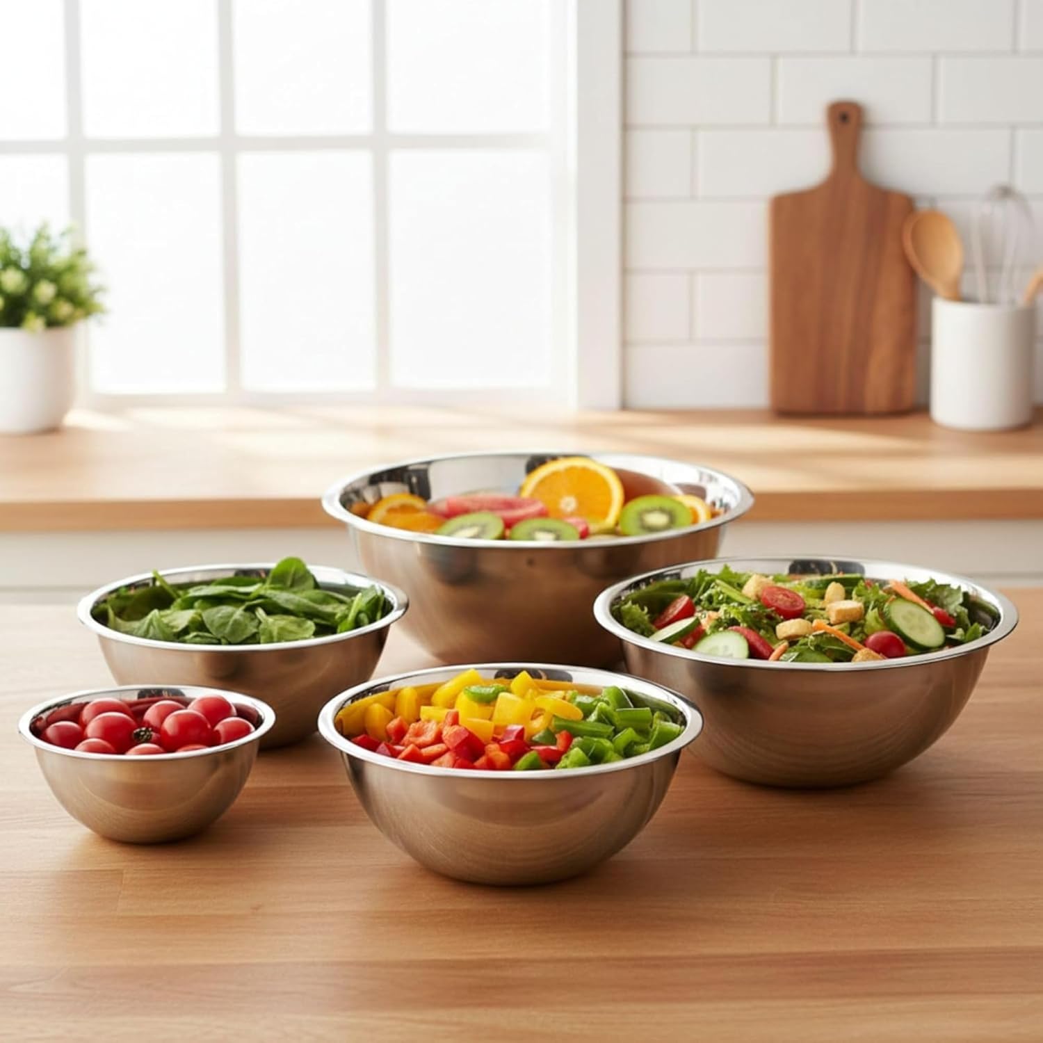 5-Piece Stainless Steel Mixing Bowl Set – ¾ QT, 1.5 QT, 3 QT, 4 QT, 5 QT Nesting Bowls with Flat Base and Rolled Rim for Cooking, Baking, Meal Prep, Mixing, and Food Storage