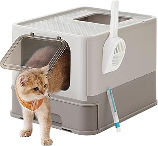 Feandrea Lettiera per Gatti Grandi, Nascosta, Casetta con Vassoio Estraibile, Paletta, Spazzola, Ampio Portata 15 kg, Antipertita, Avena e Grigio Caldo PPT001G01