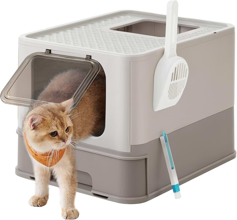 Feandrea Arenero para Gatos, Caja Arena con Bandeja Extraíble, Pala, Cepillo, Espacioso para Gatos Grandes, Carga de 15 kg, Antifiltración, Antiescapes, Avena y Gris Cálido PPT001G01