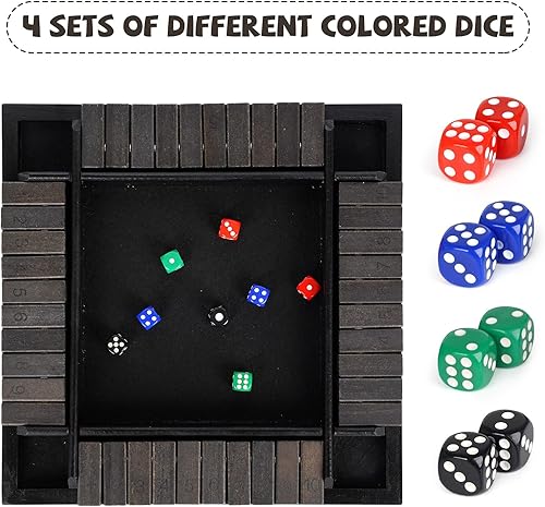 Miniatura 5 de Agirlgle Juego de dados Shut The Box de 12 pulgadas, 1-4 jugadores, juego de mesa familiar de madera con 12 dados, juego de dados de estrategia para