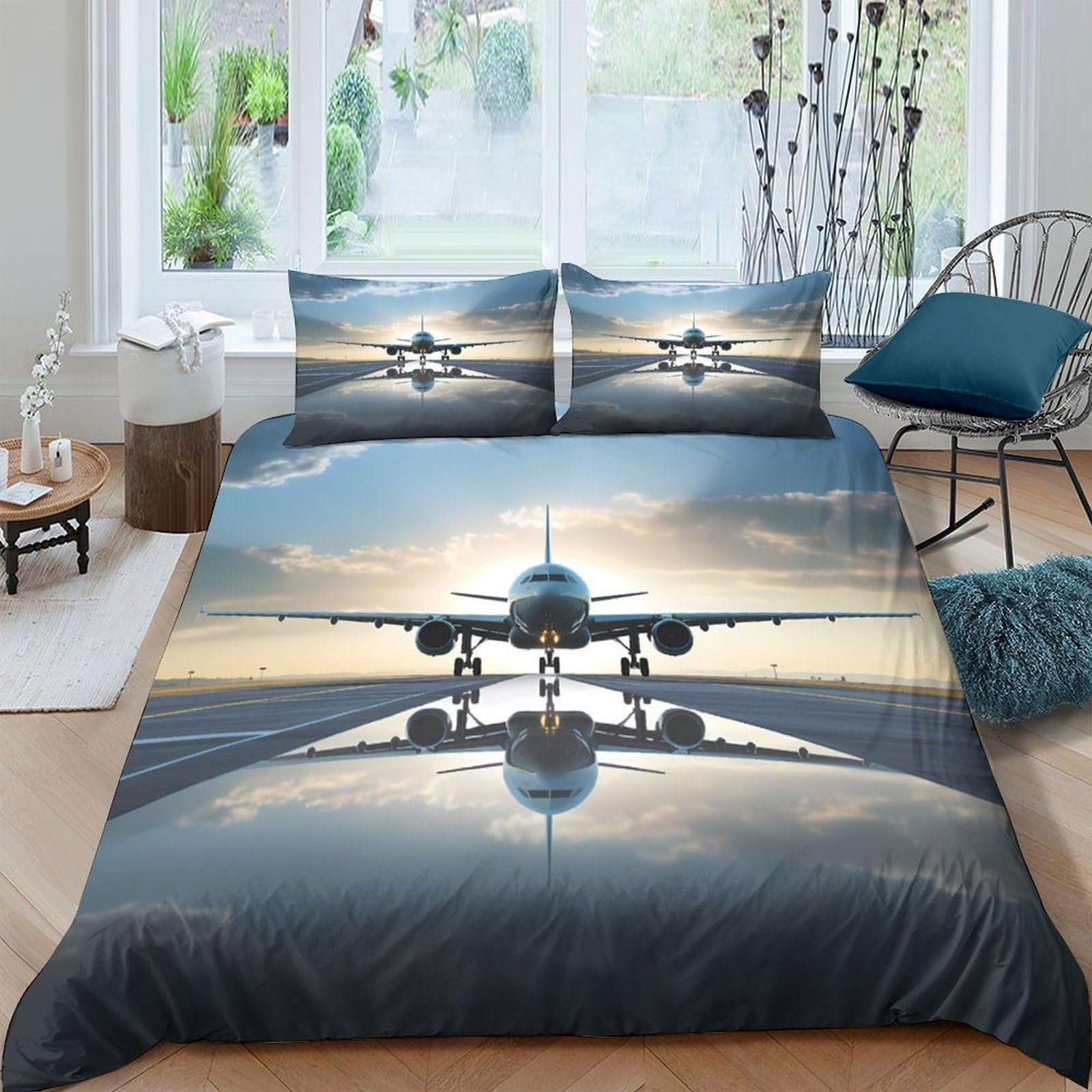 Ctjqhvkz Style-10 3D Printed Airplane Sunrise Fitted Sheet Microfiber Soft Anti-Slip Runway Bed Cover For Bedroom Dorm Room Decor Single（135X200cm）