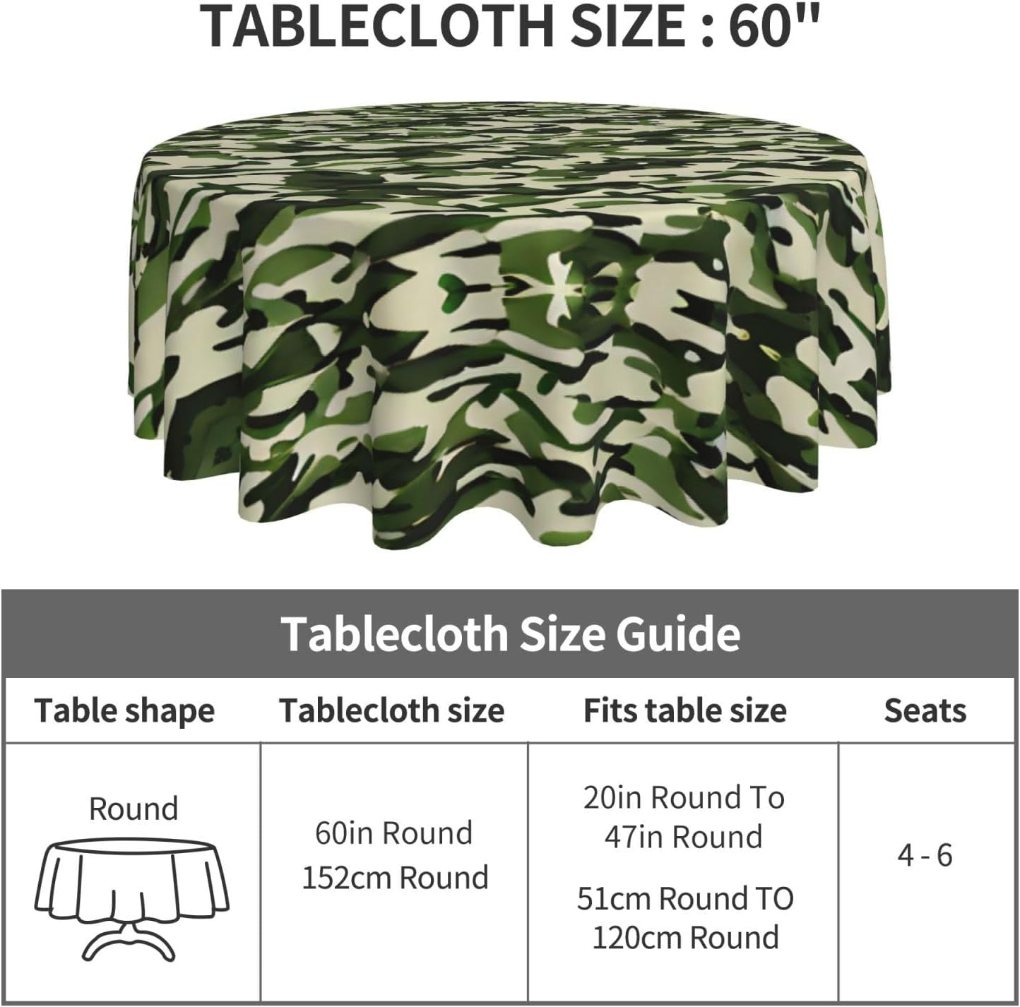 Camo Green Print Wrinkle Free Dining Table Cover for Birthday Party Farmhouse Tablecloths Up to 60 x 60 Inches
