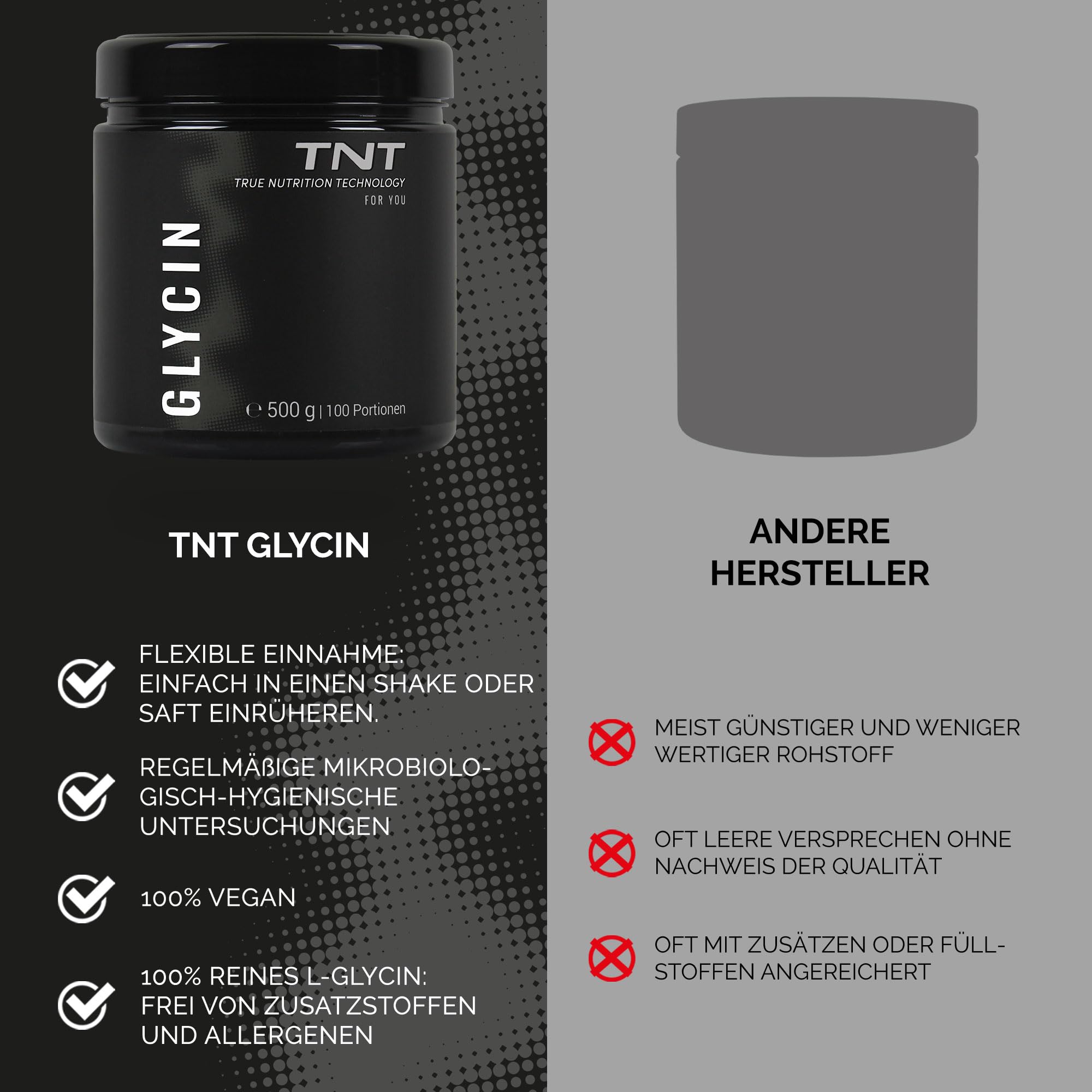 TNT Glycin Pulver (500g) • Optimal hochdosiert mit 5g L–Glycin pro Portion • Reines Glycin ohne Zusätze • Aminosäure Glycine • 100% Vegan (Packung mit 2)