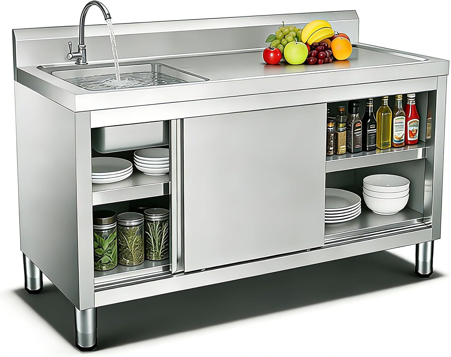 Left bowl,Outdoor Stainless Steel Laundry Sink with Cabinet Freestanding Utility Sink, Heavy-Duty Table for Food Prep And Storage, for Kitchen, Restaurant, Garage, Laundry Home And Hotel