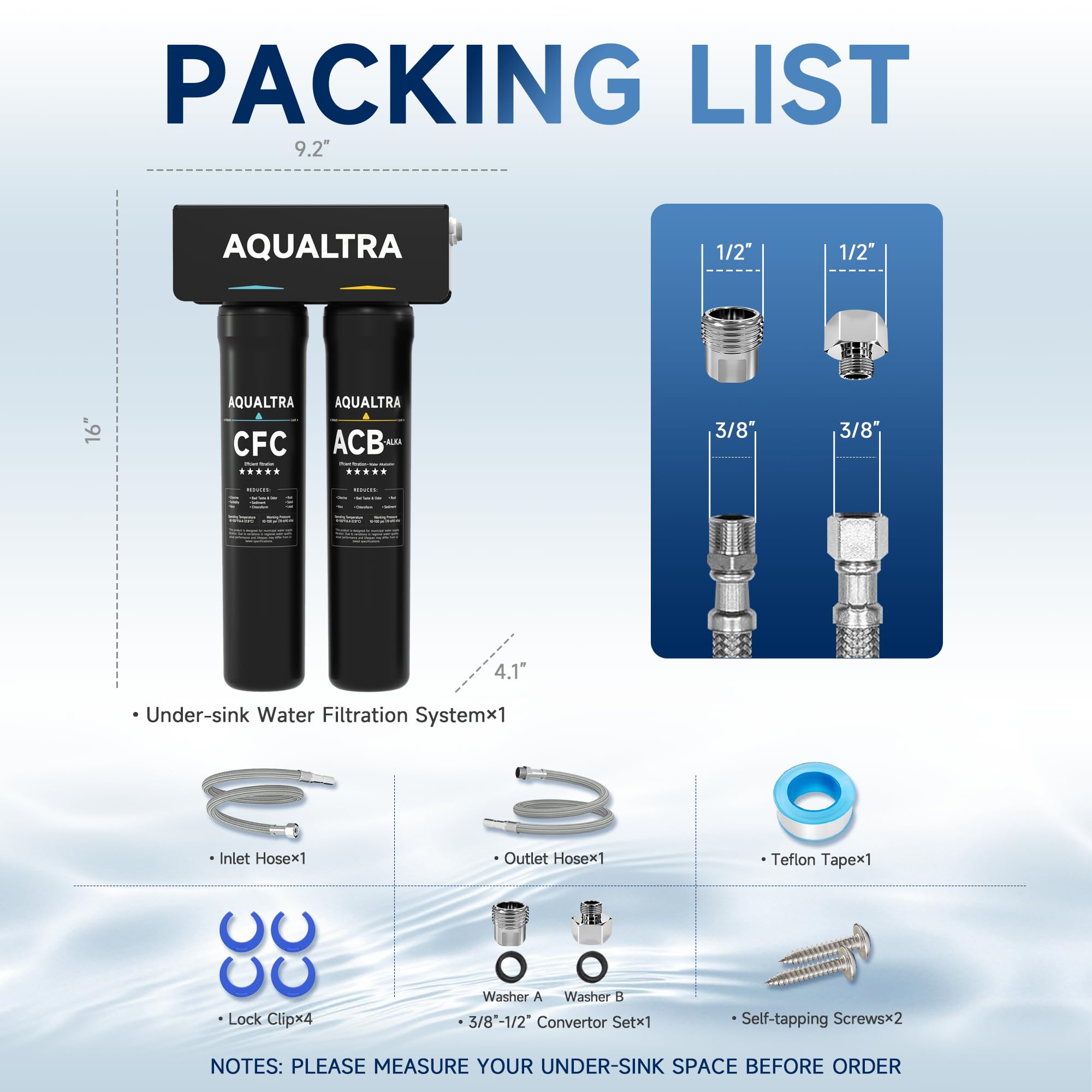 AQUALTRA USF-2B-10 Sistema de filtro bajo fregadero ligeramente alcalino, 75700 L, reduce PFOA, PFOS, cloro, plomo, mercurio, cloramina, fluoruro, partículas de microplásticos, mal sabor y olor