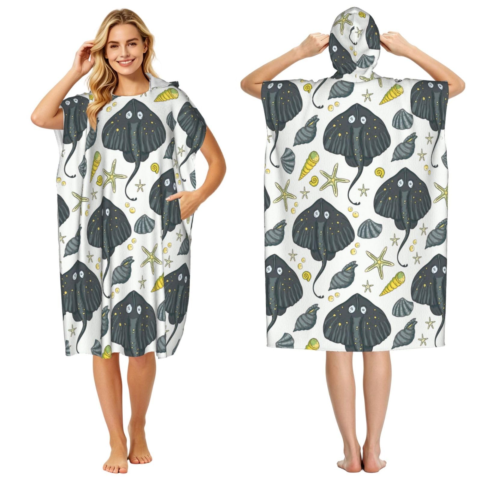 Poadnly Marine Life Stingray, Adult Hooded Beach Towel 90 x 110 cm,Changing Bath Robe, Surf Poncho Towel For Women Men