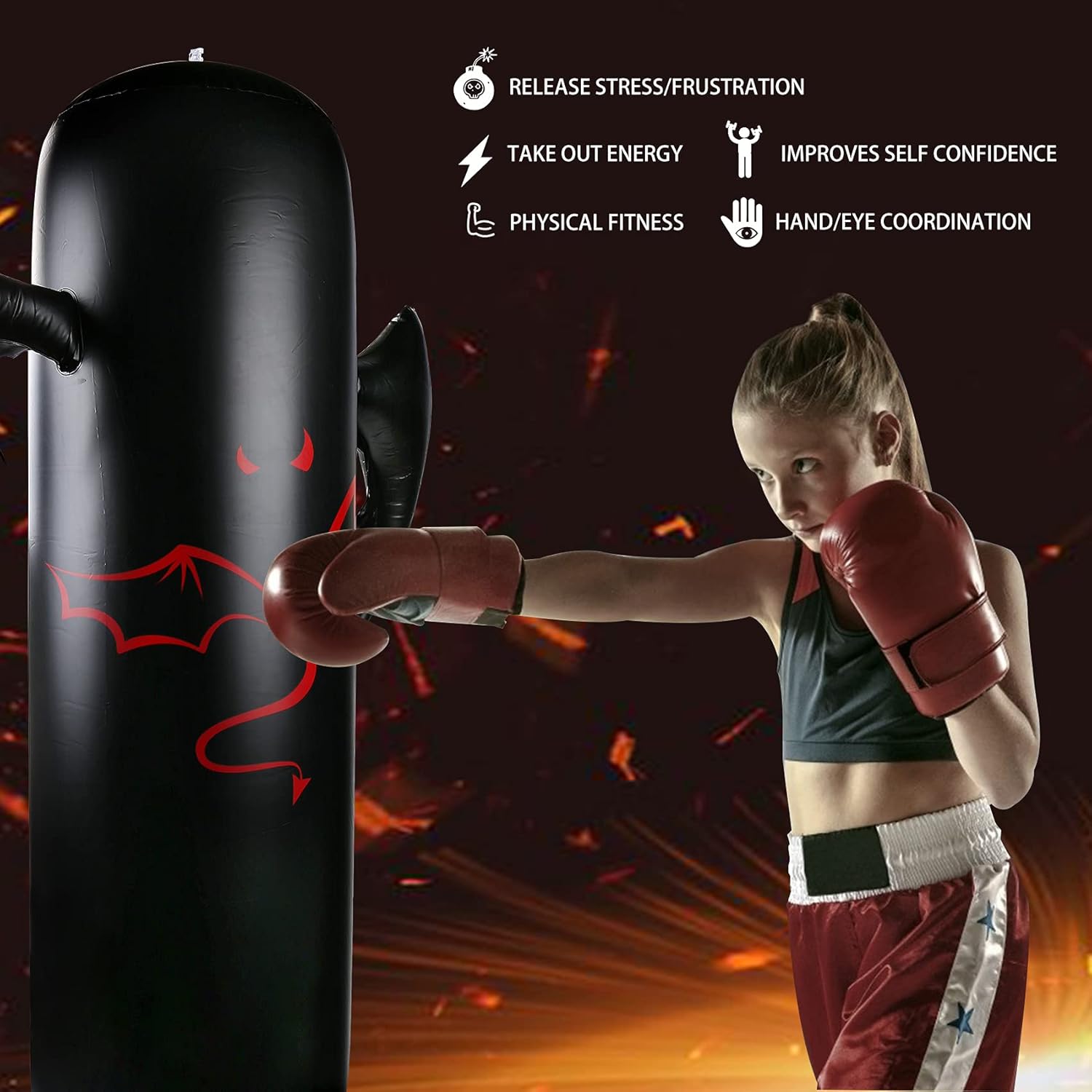 VAlinks Inflatable Kids Punching Bag, 63 inch Kids Boxing Bag with Stand, Freestanding Punching Bag, Speed Focus Bag with Air Pump for Boys Girls Practicing Karate, Taekwondo, MMA : Sports & Outdoors