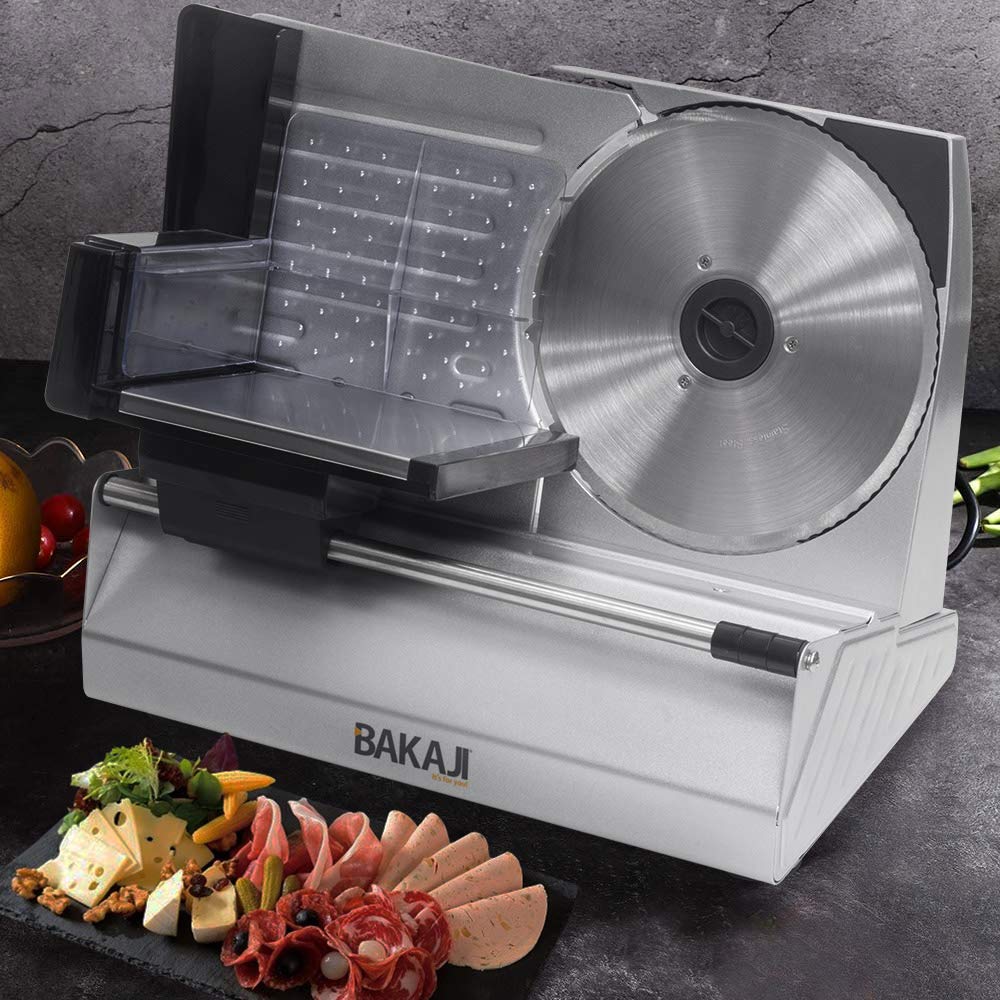 Bakaji Affettatrice Elettrica Professionale 160W con Doppia Lama Seghettata in Acciaio Inox 22cm Intercambiabile Spessore Taglio Regolabile Carrello Dentato per Salumi Carne Frutta e Verdura