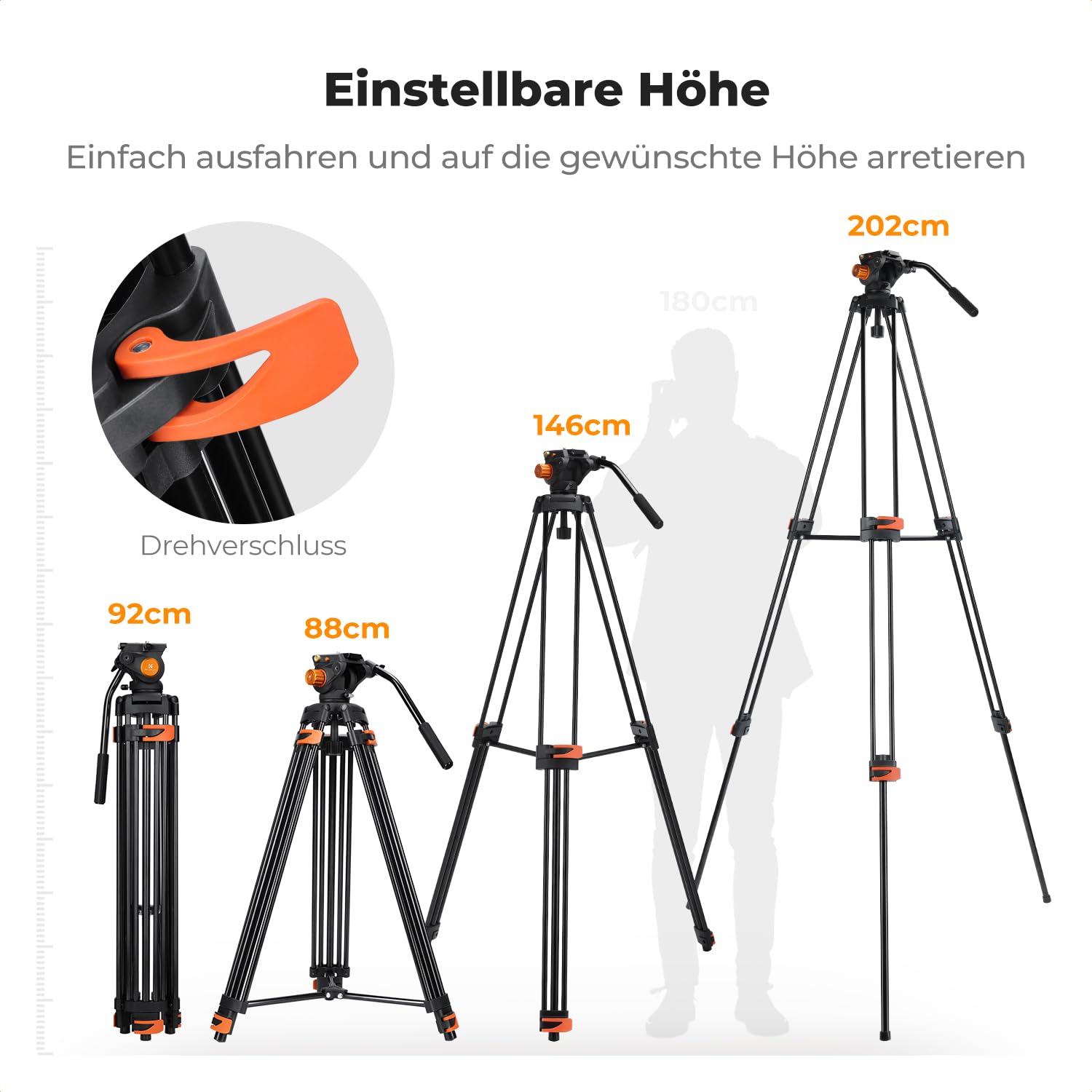 K&F CONCEPT Schwarz-Orange Aluminium 202cm Videostativ | Heavy Duty Tripod Stativ, Fluidkopf, Schnellwechselplatte, Tragkraft 8kg für DSLR, Camcorder, Kameras VA3+BV70
