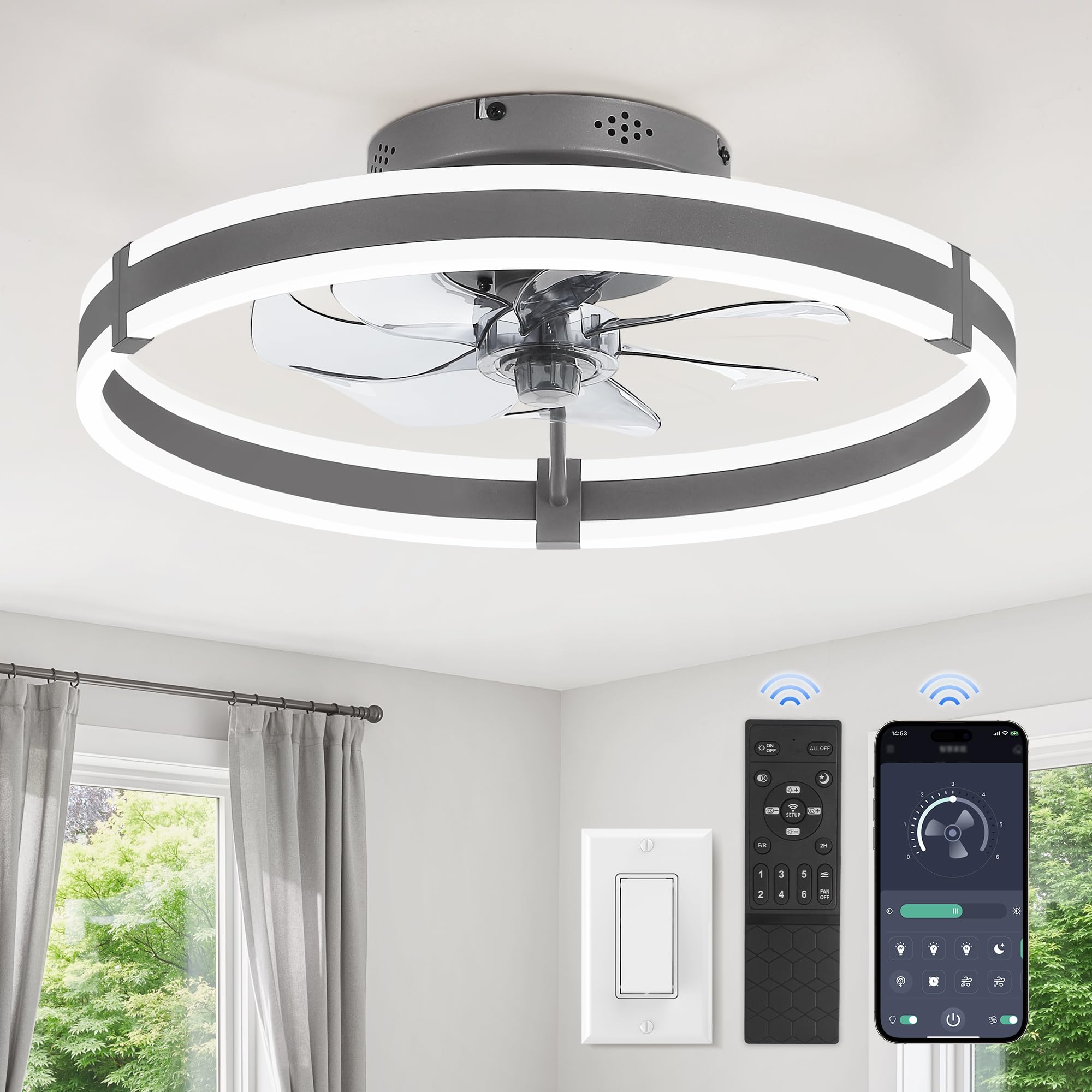 ZMISHIBO Low Profile 19.7'' Ceiling Fans with Lights and Remote, Gray