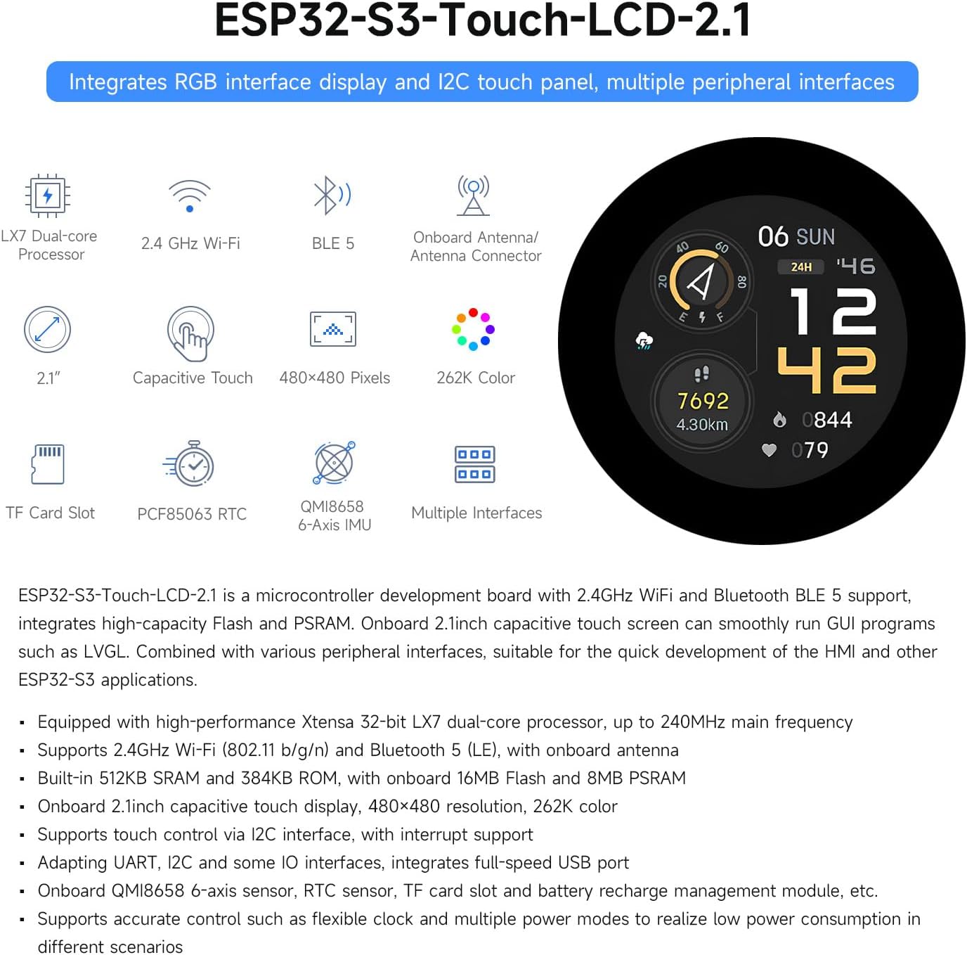 Waveshare ESP32-S3 2.1inch Round Touch Screen with 32-bit LX7 Dual Core Processor, 480 × 480 Resolution, 262K Color, Support Wi-Fi & BLE 5