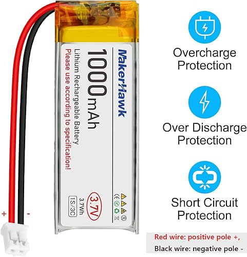 Miniatura 3 de MakerHawk Paquete de 4 baterías LiPo de 3.7 V 1000 mAh recargables 1S 3C 102050 baterías de polímero de litio con placa de protección doble,