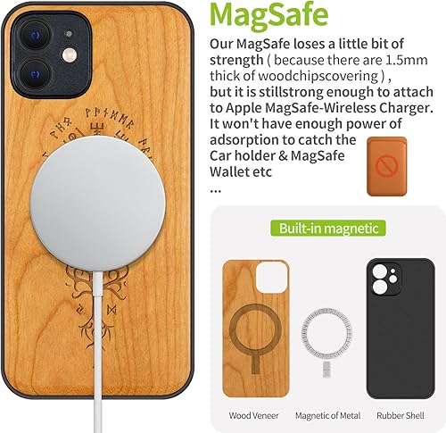 Miniatura 4 de Carveit Funda magnética de madera para iPhone 12 madera real dura y TPU suave a prueba de golpes, funda protectora híbrida única y elegante de