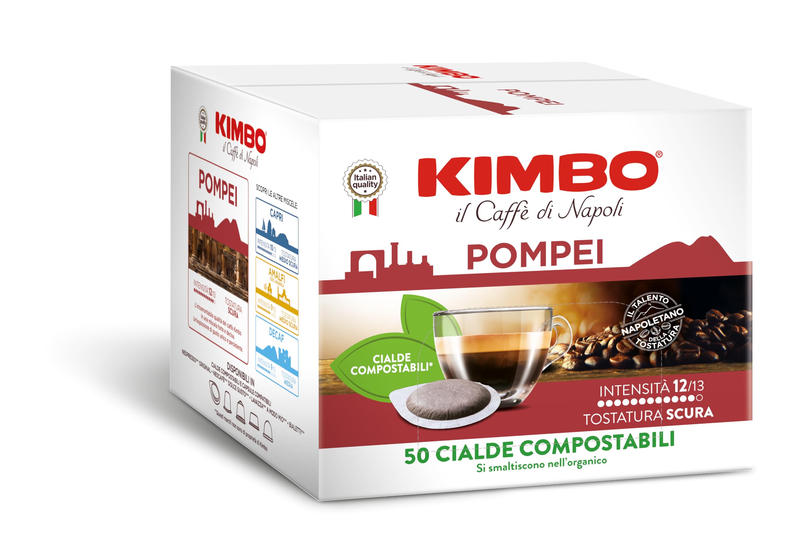 Kimbo, Le Meraviglie del Gusto Pompei, 50 Kaffeepads, Starke und Entschlossene Mischung, Intensität 12/13, Dunkle Röstung, 1 Packung mit 50 Pads