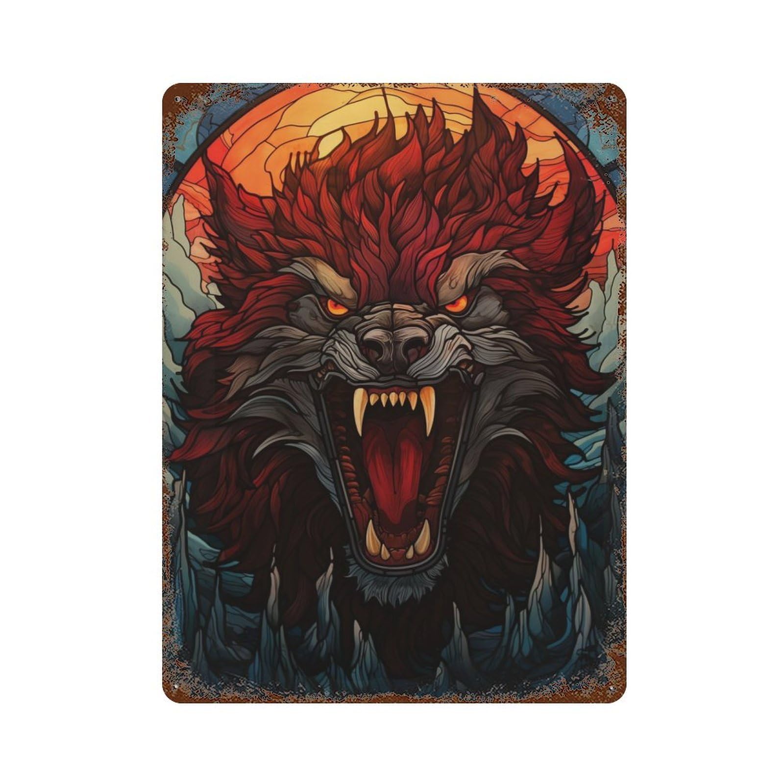 Rust Effect Tin Sign Fenrir Stained Glass 15.7"x11.8", Vintage Wall Decor for Basement, Hobby Room And Garage Decor