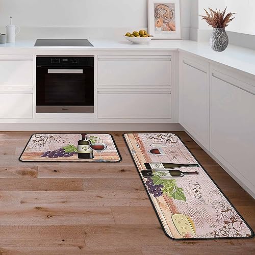 Miniatura 9 de Juego de 2 alfombras y tapetes de cocina de vino, antideslizantes, lavables, con parte trasera antideslizante, juego de 2 alfombras de cocina