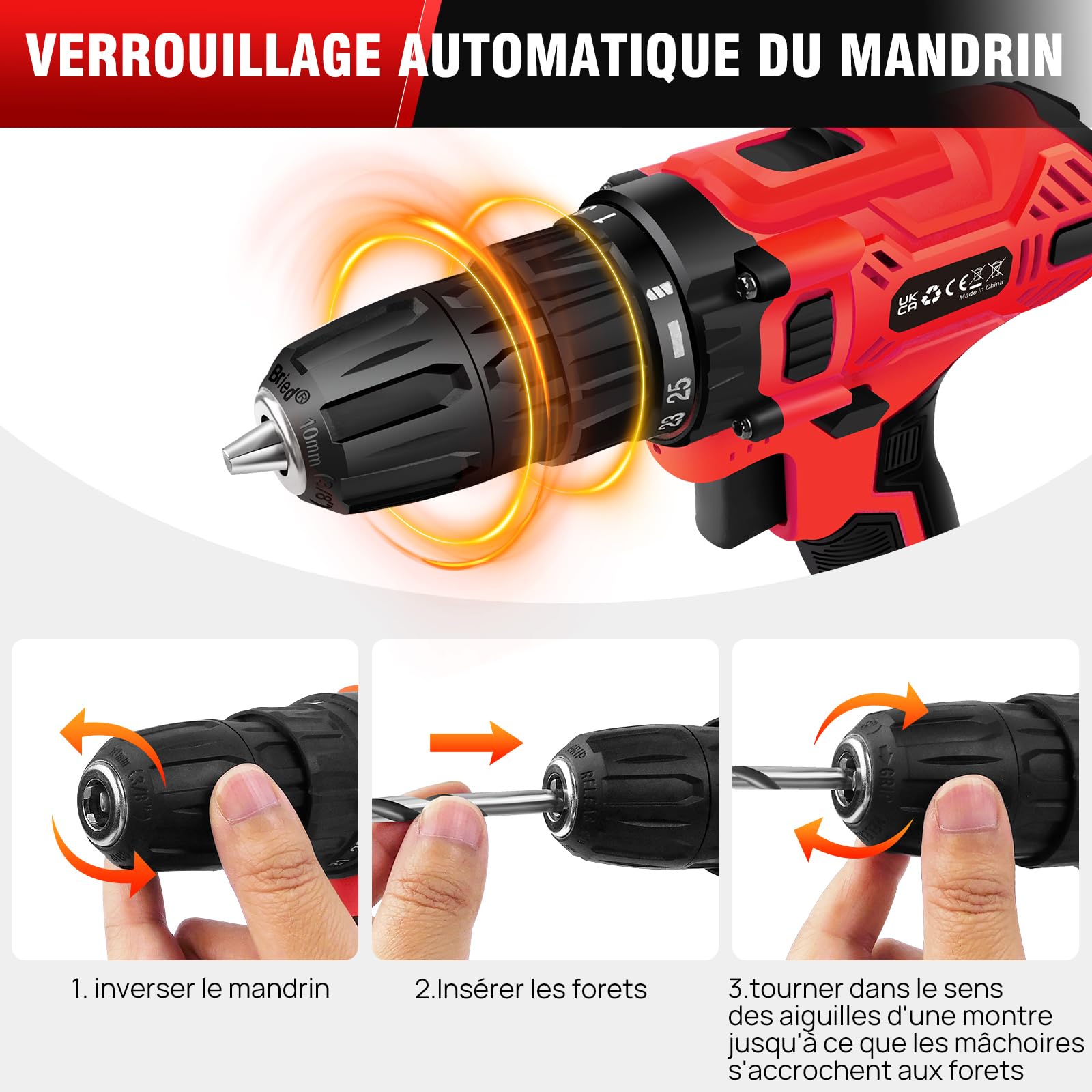 Perceuse Visseuse Sans Fil, 21V Visseuse Devisseuse avec 2 Batteries, 45Nm Perceuse Percussion, 25+1 Réglages de Couple, 10mm Métal Mandrin Verrouillage, 2 Vitesses, 29 Accessoires, LED Light