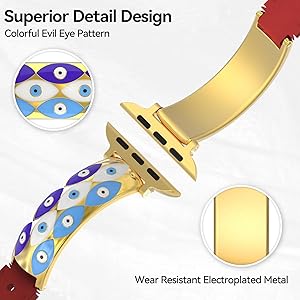 Metal Leather Spliced Band - Adjustable Tang Buckle Evil Eye Band Compatible with Apple Watch 38mm 40mm 41mm 42mm(Series 10/11) iWatch Wrist Straps for Series 11 SE 3 4 5 6 7 8 9 10