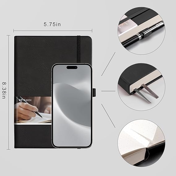 EMSHOI Dotted Notebook - 256 Pages A5 Dotted Grid Journal Notebook,120gsm Thick Paper,16 Perforated Pages, Smooth PU Leather, Inner Pocket,5.75'' 8.38''-Black