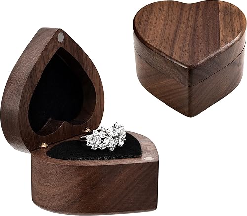 Yoption Caja de anillos de madera, hecha a mano de madera de nogal con forma de corazón, caja de anillos para ceremonia de boda, aniversario,