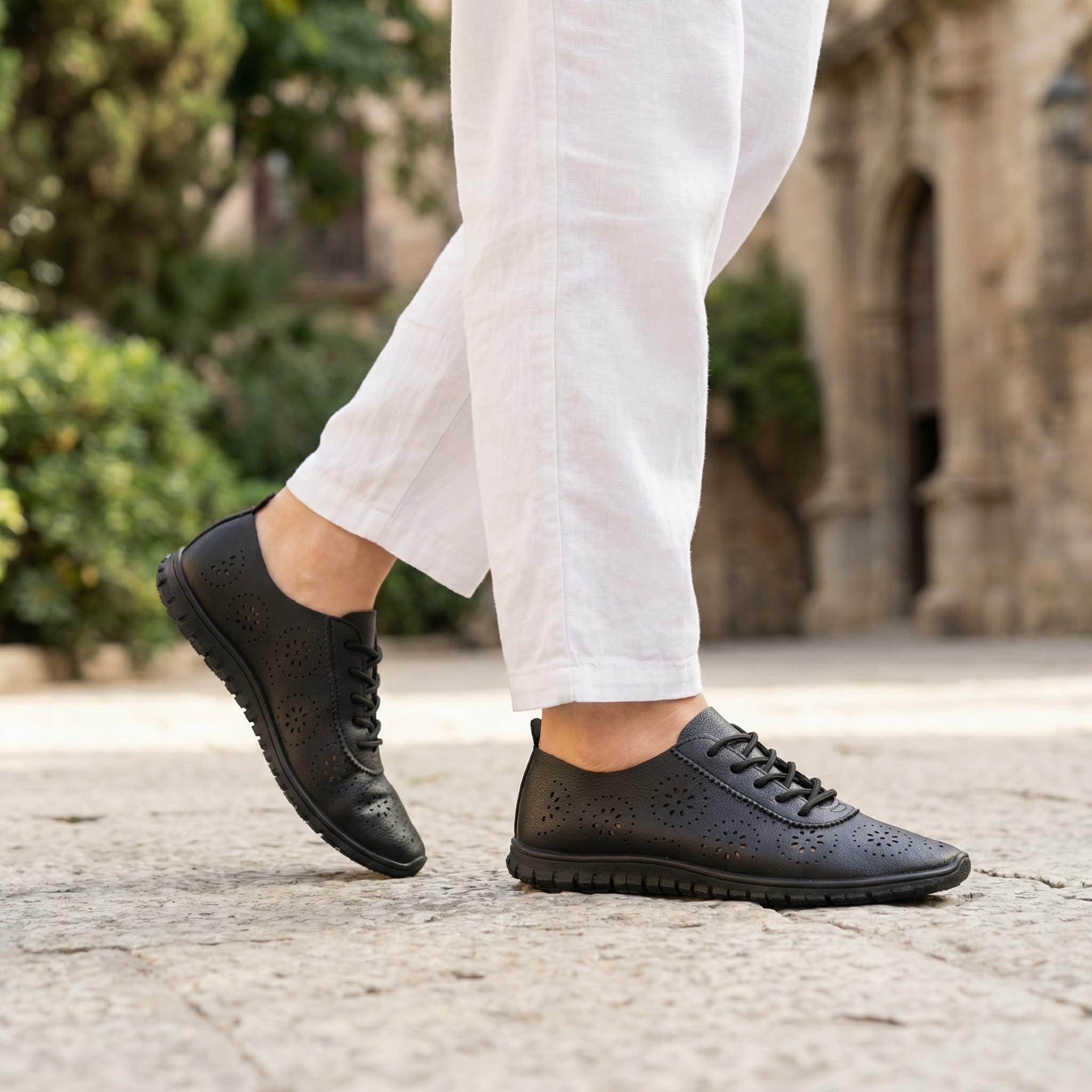 GLAMORA Zapatos Mujer Cordones Calados Transpirables Cómodos Ligeros Suela Flexible Antideslizante Plantilla Blanda Punta Fina Calzado Verano Ajuste Cómodo