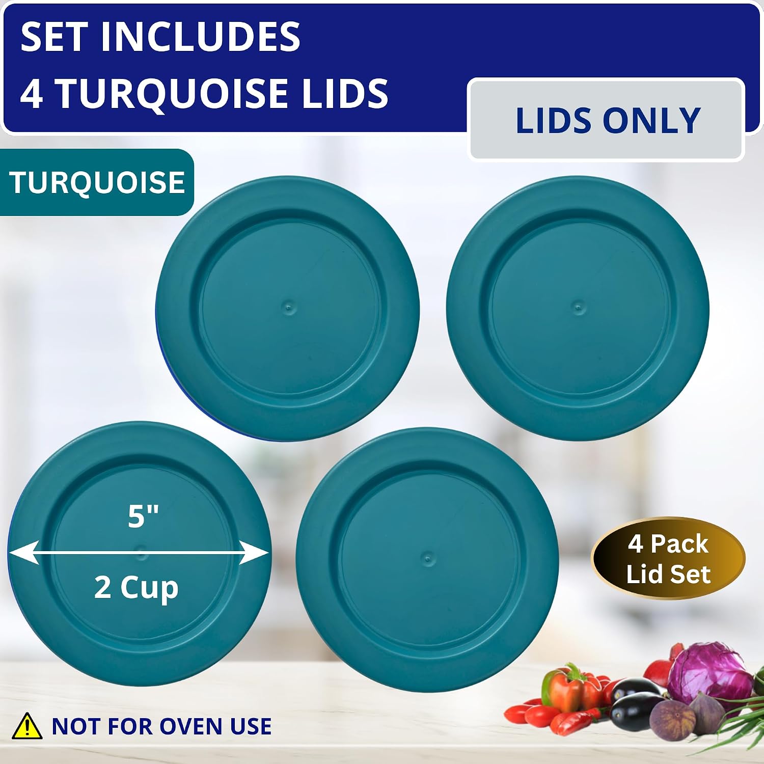 KlareWare Replacement Lids for - 2 Cup Storage Bowl Covers, BPA Free Plastic Lids for Pyrex 7200, Anchor Hocking (4 Pack, Turquoise) - Containers NOT Included