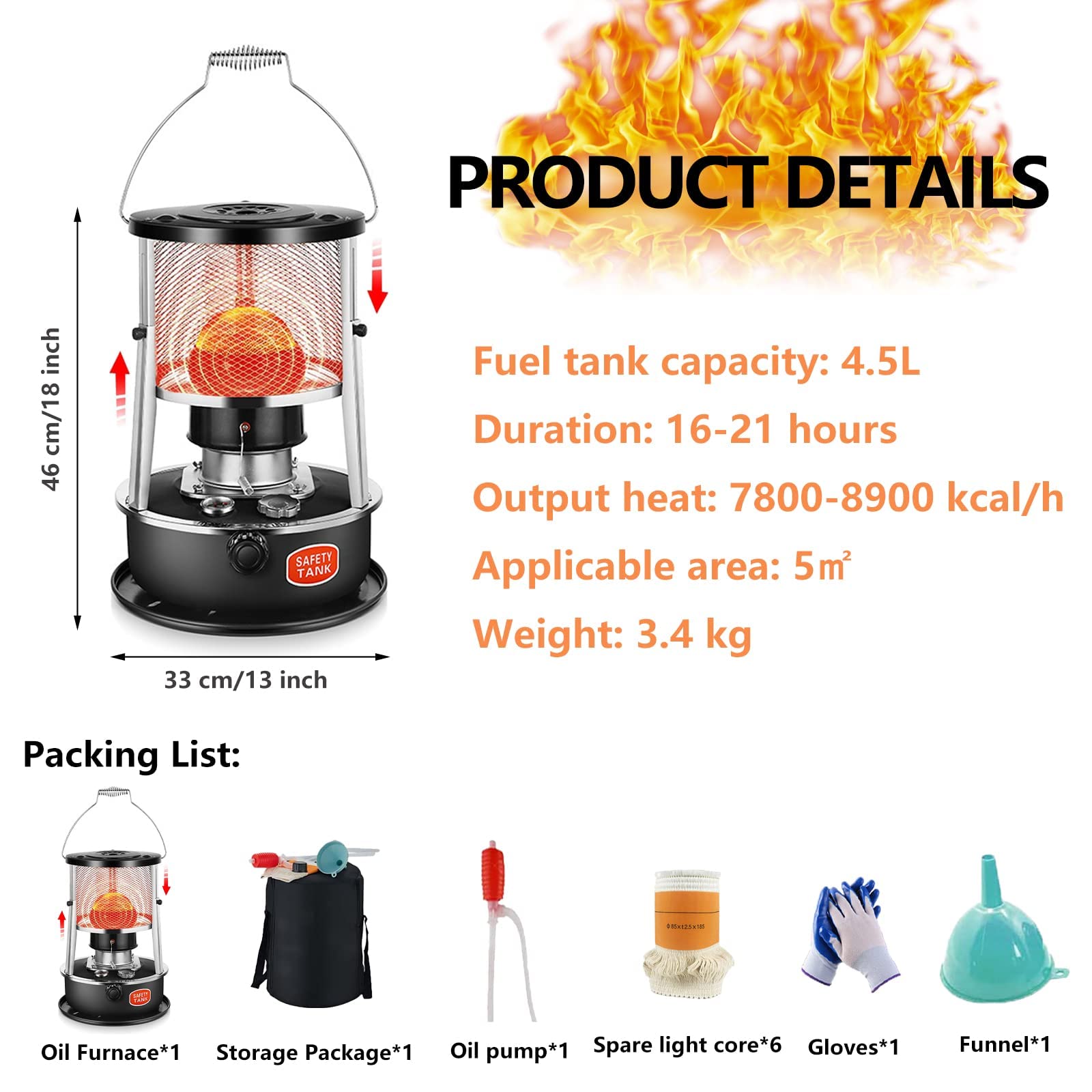 Calentadores de Parafina para Interior,Calentador de Queroseno Portátil 4.5L,Estufa de Queroseno con Mechas Y Guantes