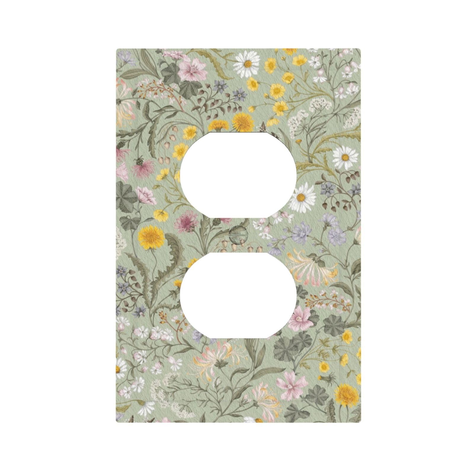 JDAKHD Decorative Outlet Covers Sage Green Wildflower Daisy Floral 1 Gang Duplex Light Switch Cover Plate Vintage Floral Unique Wall Plates Switch Plate Cover for Neutral Botanical Decor