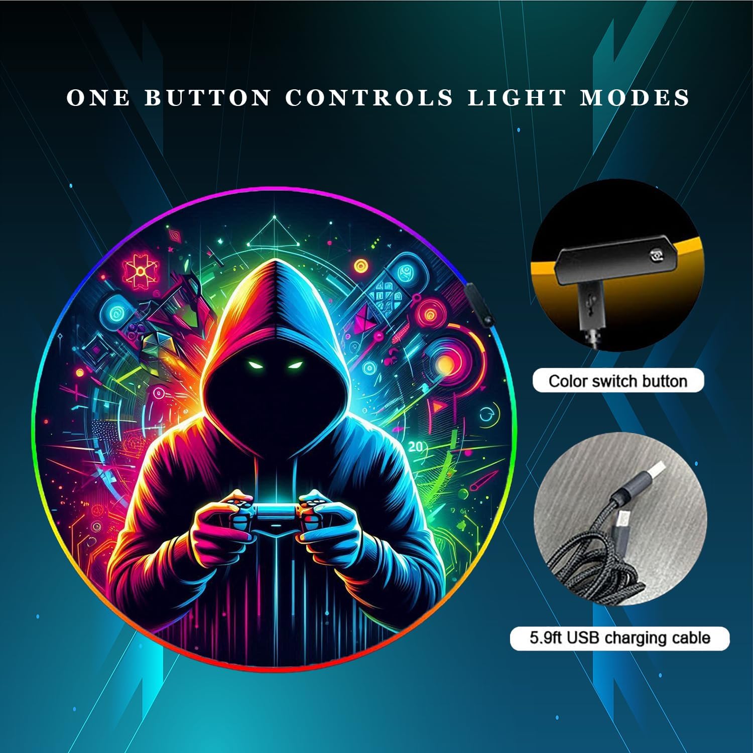 Gaming Chair Mat for Hardwood Floor Circle RGB Gaming Lights (Gamer 47”) - Noise Cancelling, Anti-Slip Gamer Floor Mat – Scratch Resistant Computer Gaming Mat for Chair – Office Chair Mat