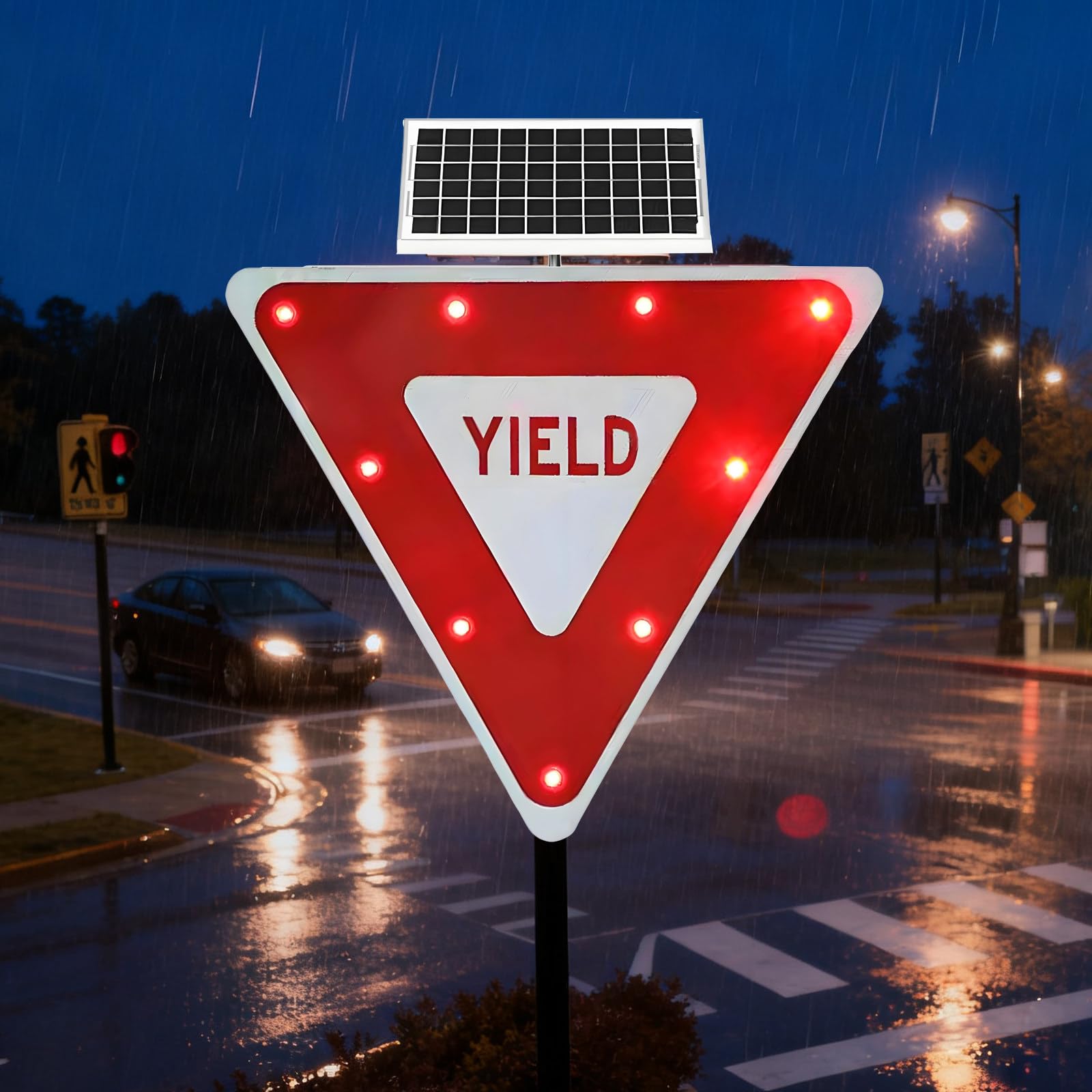 Señal de Ceda el Paso Solar 76 cm con Luces LED Intermitentes - Señal Vial de Triángulo Invertido, Aluminio Reflectante, Incluye Accesorios de Montaje para Fácil Instalación