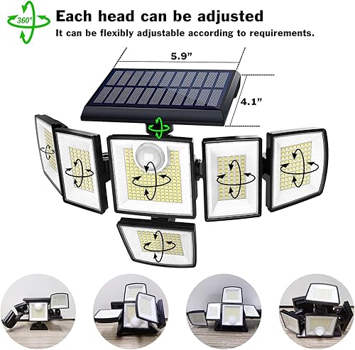Miniatura 2 de auomii Luces solares para exteriores, sensores de movimiento, luces de inundación para exteriores, 6 cabezales de iluminación de 360, 496LED 3500LM,