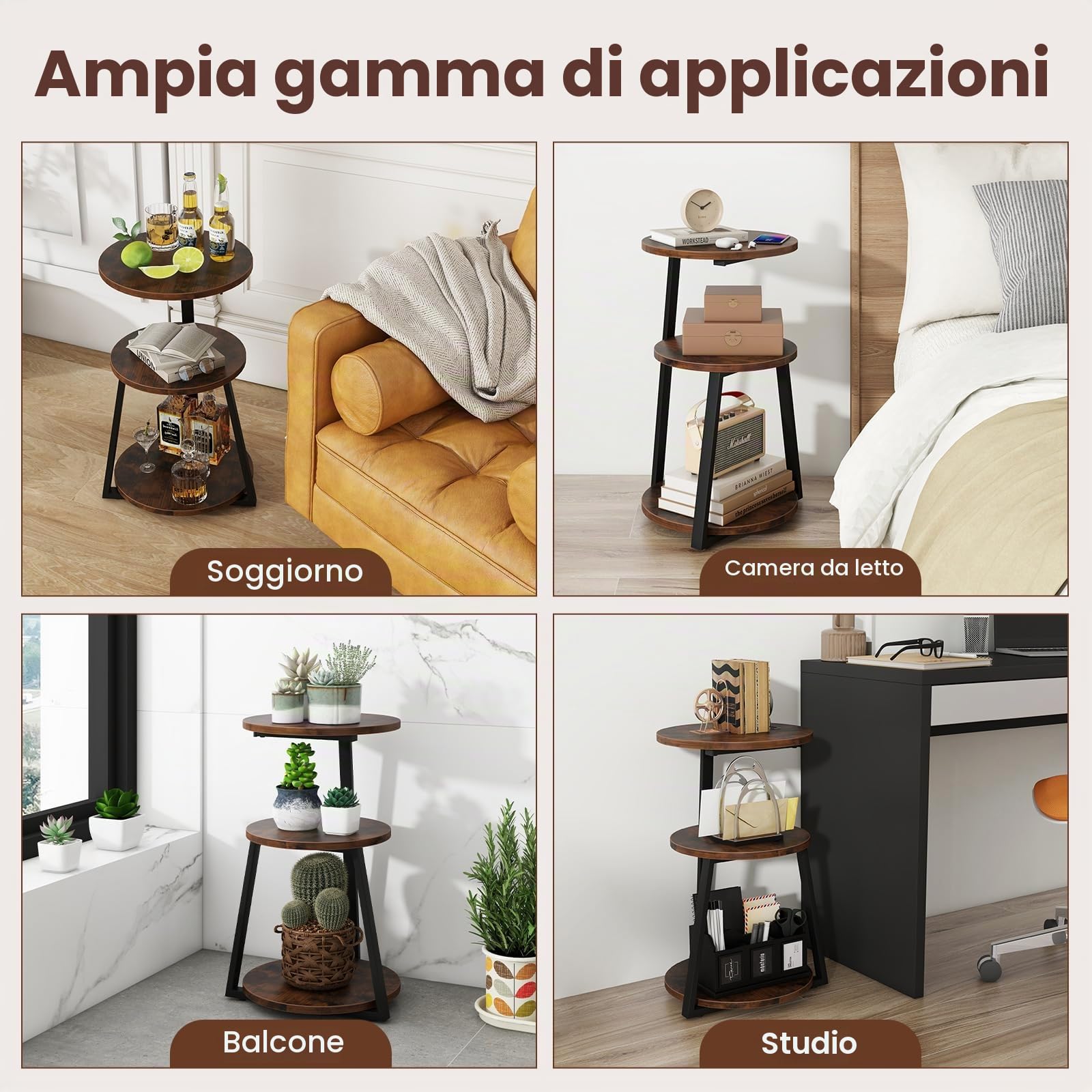 GIANTEX Tavolino a 3 livelli 62 cm, comodino con 3 ripiani in legno, tavolino da caffè con telaio in metallo con piedini regolabili, tavolino rotondo design industriale