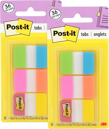 Post-it Pestañas, 1 in Sólido, Aqua, Amarillo, Rosa, Rojo, Verde, Naranja, 6Color, 36Dispensador (686-ALOPRYT) (Paquete de 2)