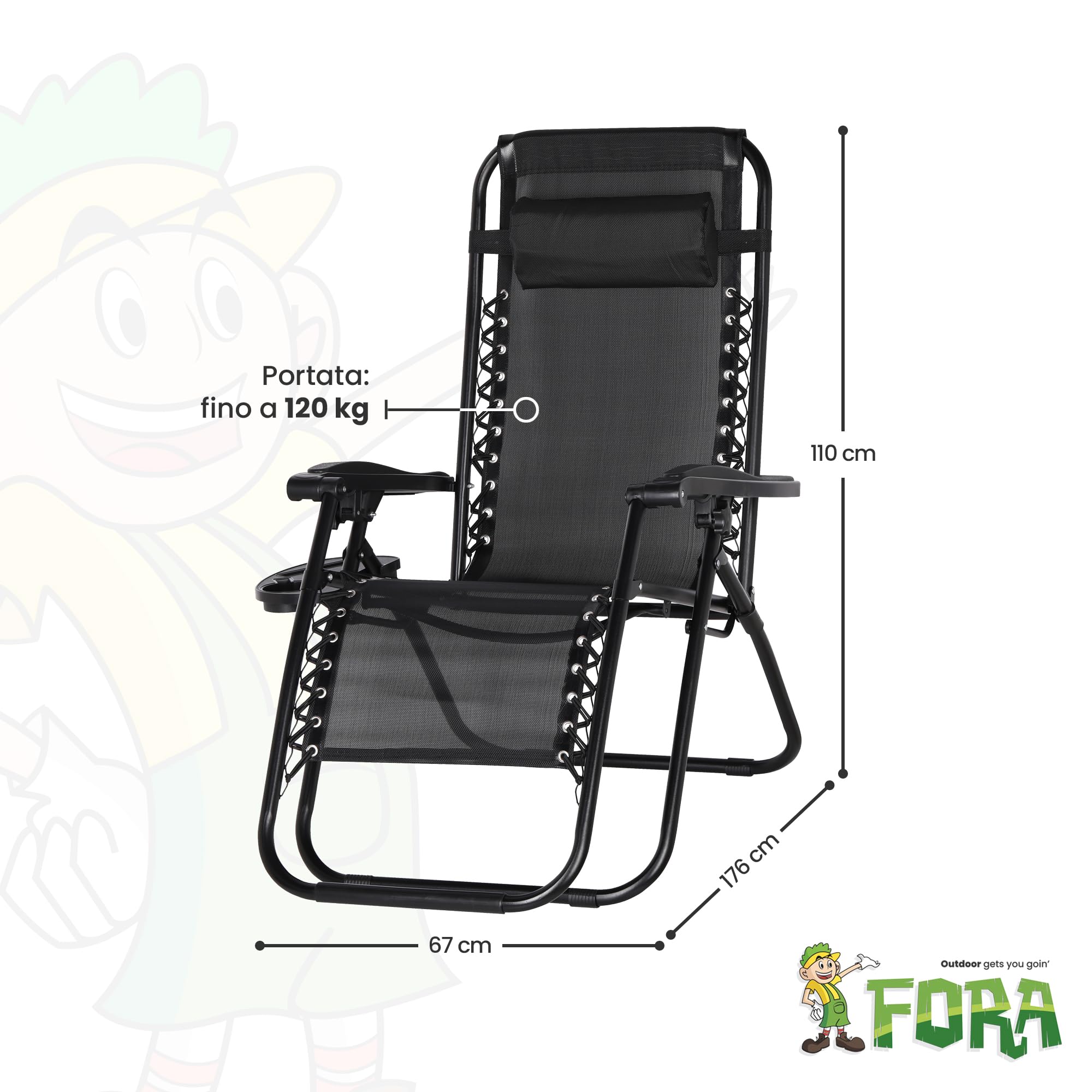 FORA Set 2 Sdraio da Giardino Pieghevoli – 176×67×110 Cm, Tubo 25mm e Tessuto Traspirante, Nero, Reclinabili Con Blocco di Sicurezza, Cuscino Incluso, Chiusura Rapida, 120 Kg - 3