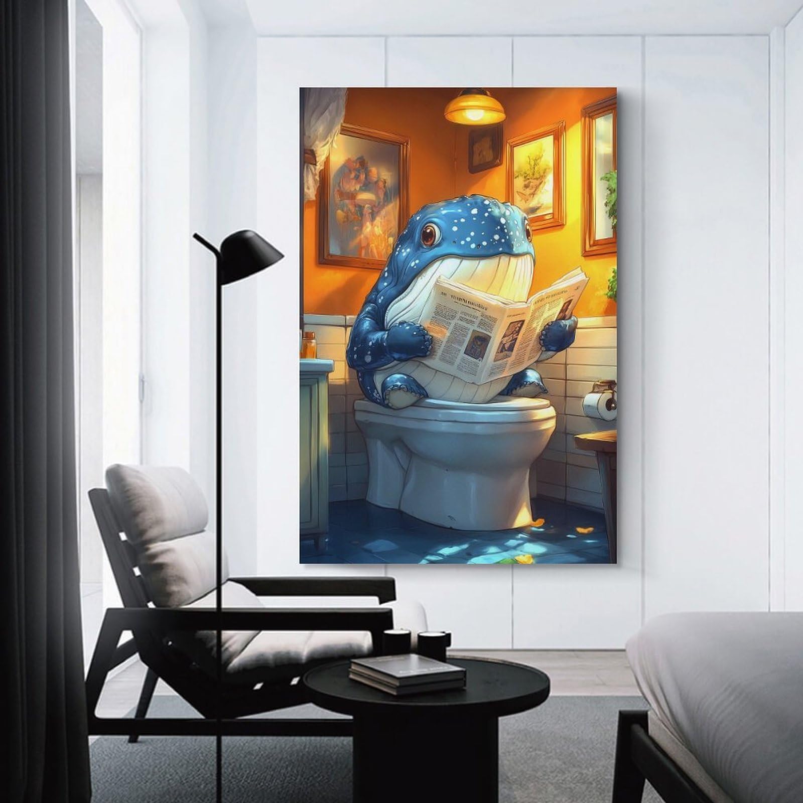 Junmoney Room Decor Wall Art Whale on The Toilet Funny, 20x30inch(50x75cm), for Living Room, Lounge Or Sitting Room, Canvas Styling for A Polished Room Look