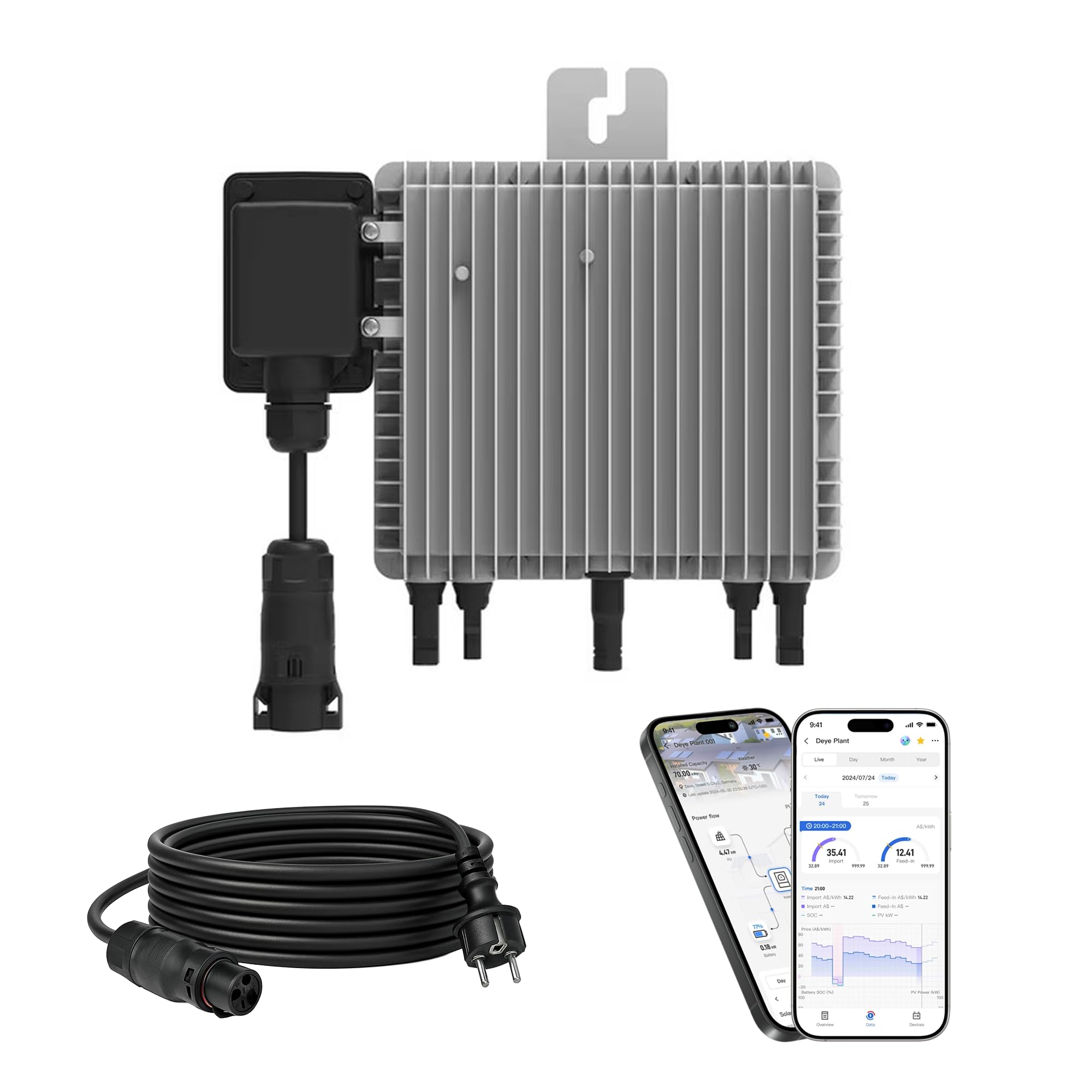 DEYE Mikro-Wechselrichter 800 W SUN-M80G4-EU-Q0 inkl. 5m Anschlusskabel für Balkonkraftwerk, IP67 wetterfest, Plug&Play Installation, 2 MPPT, WiFi, Micro Inverter
