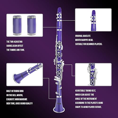 Miniatura 2 de Soulmate Clarinete Bb Flat 17 teclas de níquel Clarinete morado para estudiantes principiantes con estuche rígido de 2 barriles y kit de limpieza