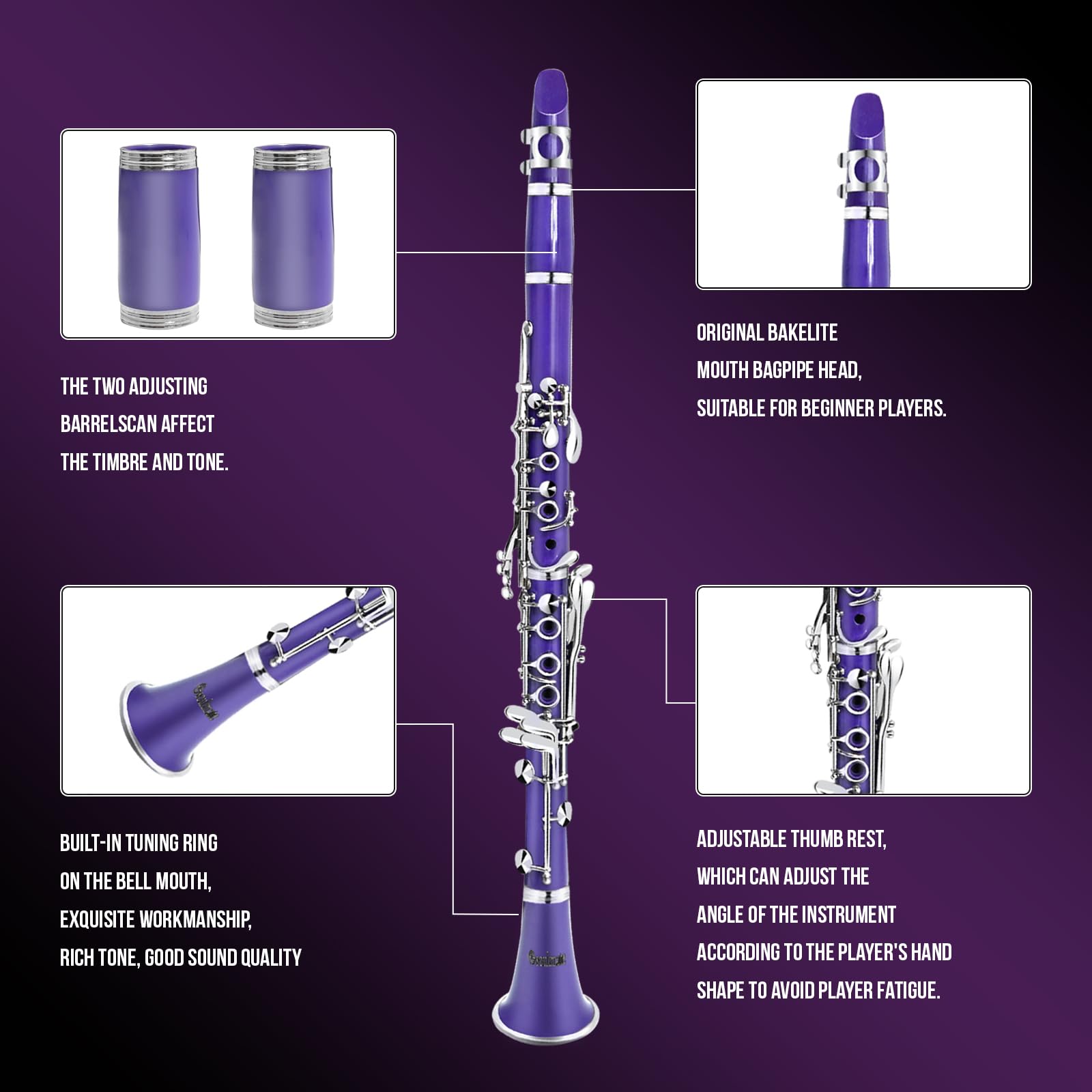Soulmate Clarinet Bb Flat 17 Nickel Keys Purple Clarinet for Student Beginner with 2 Barrels Hard Case and Cleaning Kit