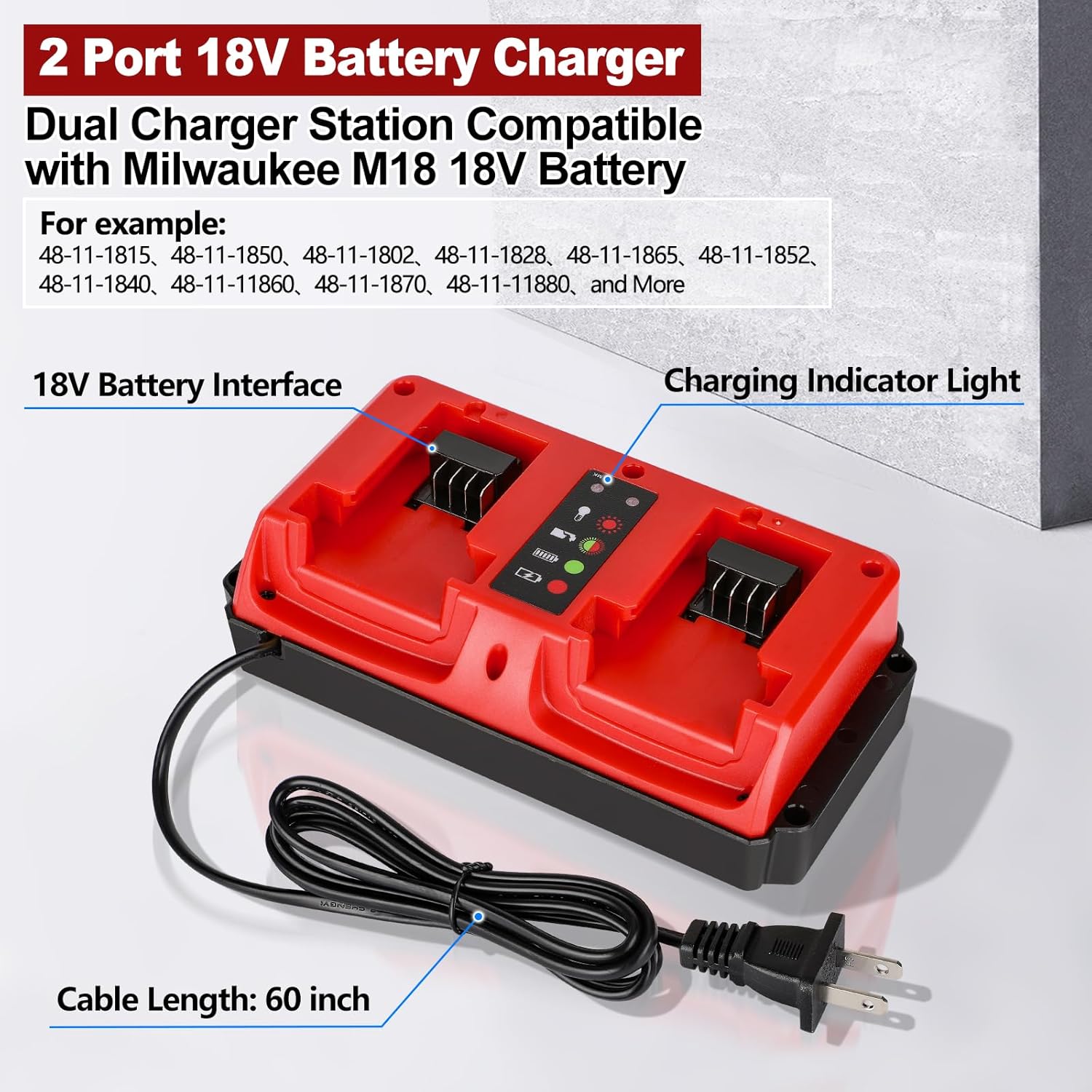 18V Battery Dual Charger Station 2 Port Compatible with Milwaukee M18 18V Battery, Mini Multi-Voltage Charger Input 100-240V - Image 2