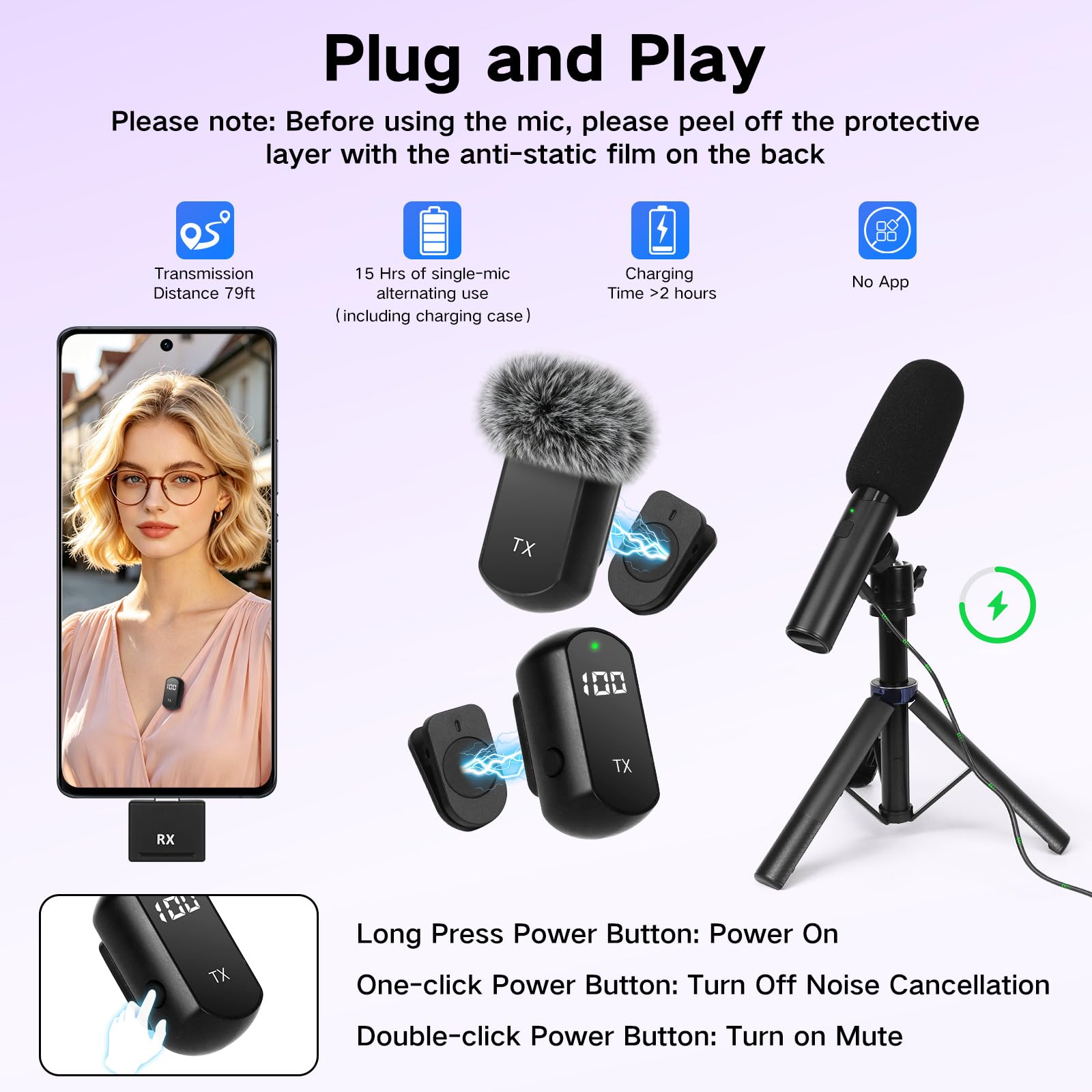 Micrófono Lavalier 4 en 1 para iPhone, iPad, Android, mini micrófono con cancelación de ruido, emparejamiento automático y silencio, micrófono podcast con trípode para teléfono móvil