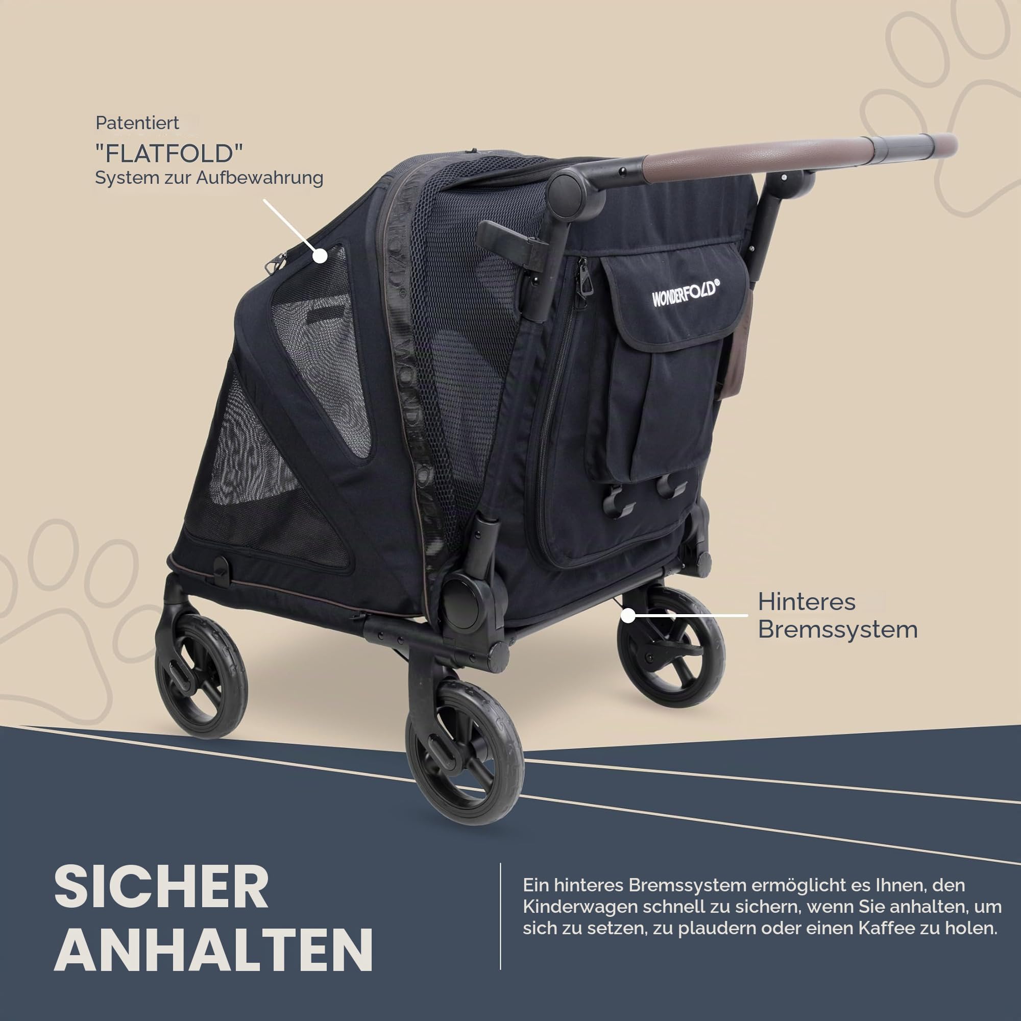 Wonderfold PFL Pet Large Premium Flat Fold Stroller – faltbarer Hundebuggy bis 45?kg, All?Terrain Räder, großer Einstieg, atmungsaktive Netze, flach faltbar – Jet Black